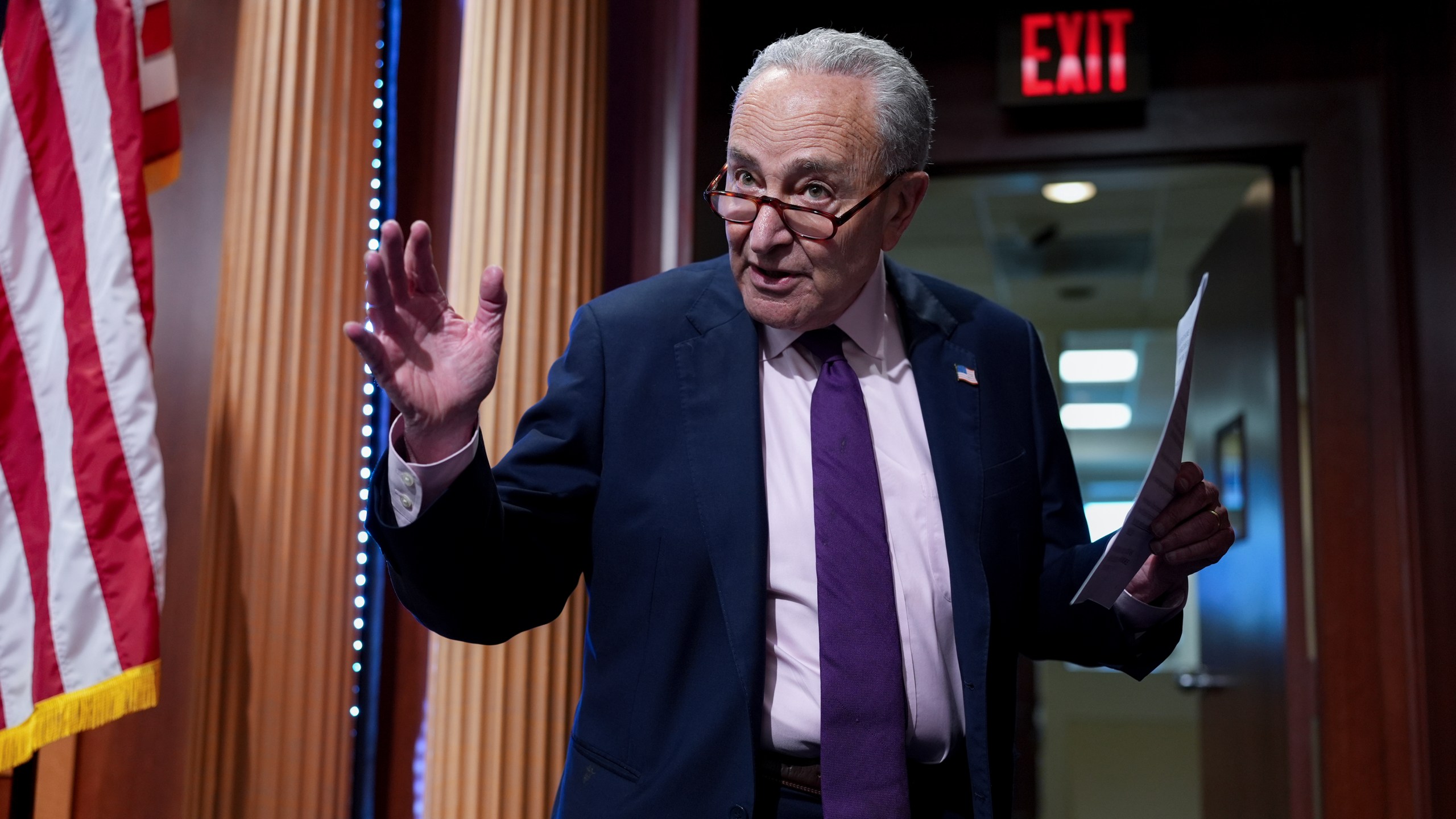 Senate Minority Leader Chuck Schumer, D-N.Y., updates reporters as Senate Republicans work to advance President Donald Trump's sweeping domestic policy bill, at the Capitol in Washington, Friday, June 27, 2025. (AP Photo/J. Scott Applewhite)
