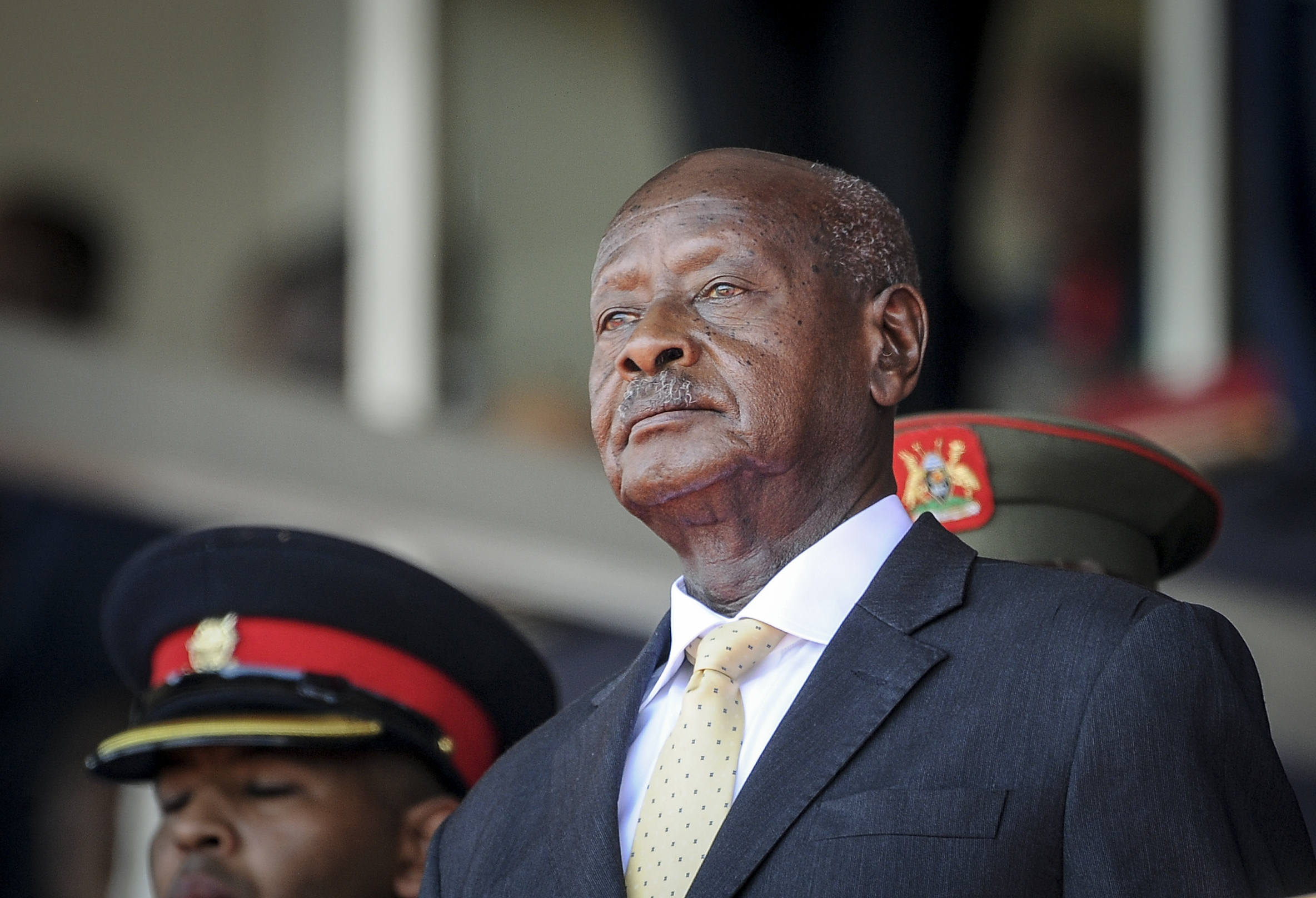 FILE - Uganda's President Yoweri Museveni attends the state funeral of Kenya's former president Daniel Arap Moi in Nairobi, Kenya on Feb. 11, 2020. (AP Photo/John Muchucha, File)
