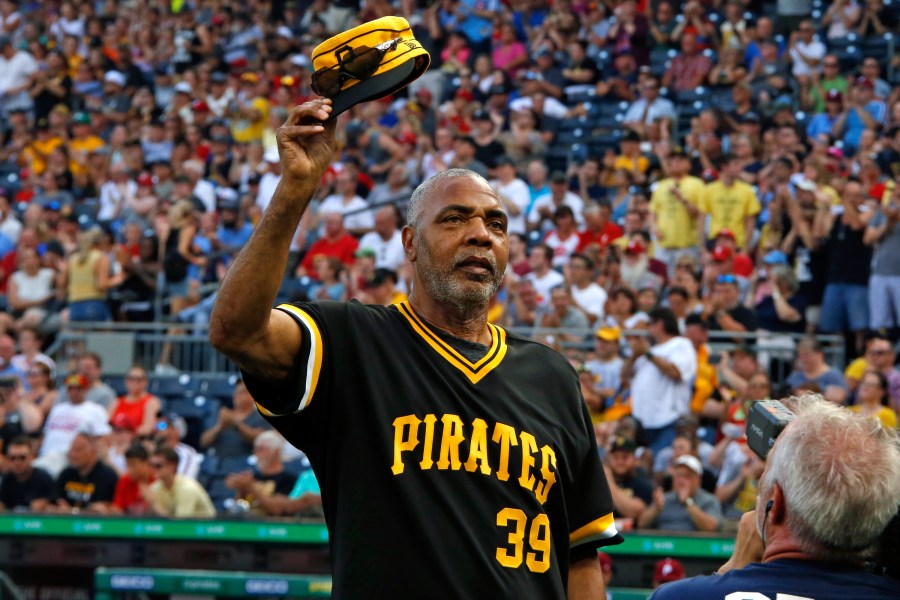 FILE - Dave Parker, a member of the 1979 Pittsburgh Pirates World Championship team, tips his cap during a pre-game ceremony honoring the team before a baseball game between the Pittsburgh Pirates and the Philadelphia Phillies in Pittsburgh, Saturday, July 20, 2019. (AP Photo/Gene J. Puskar, File)