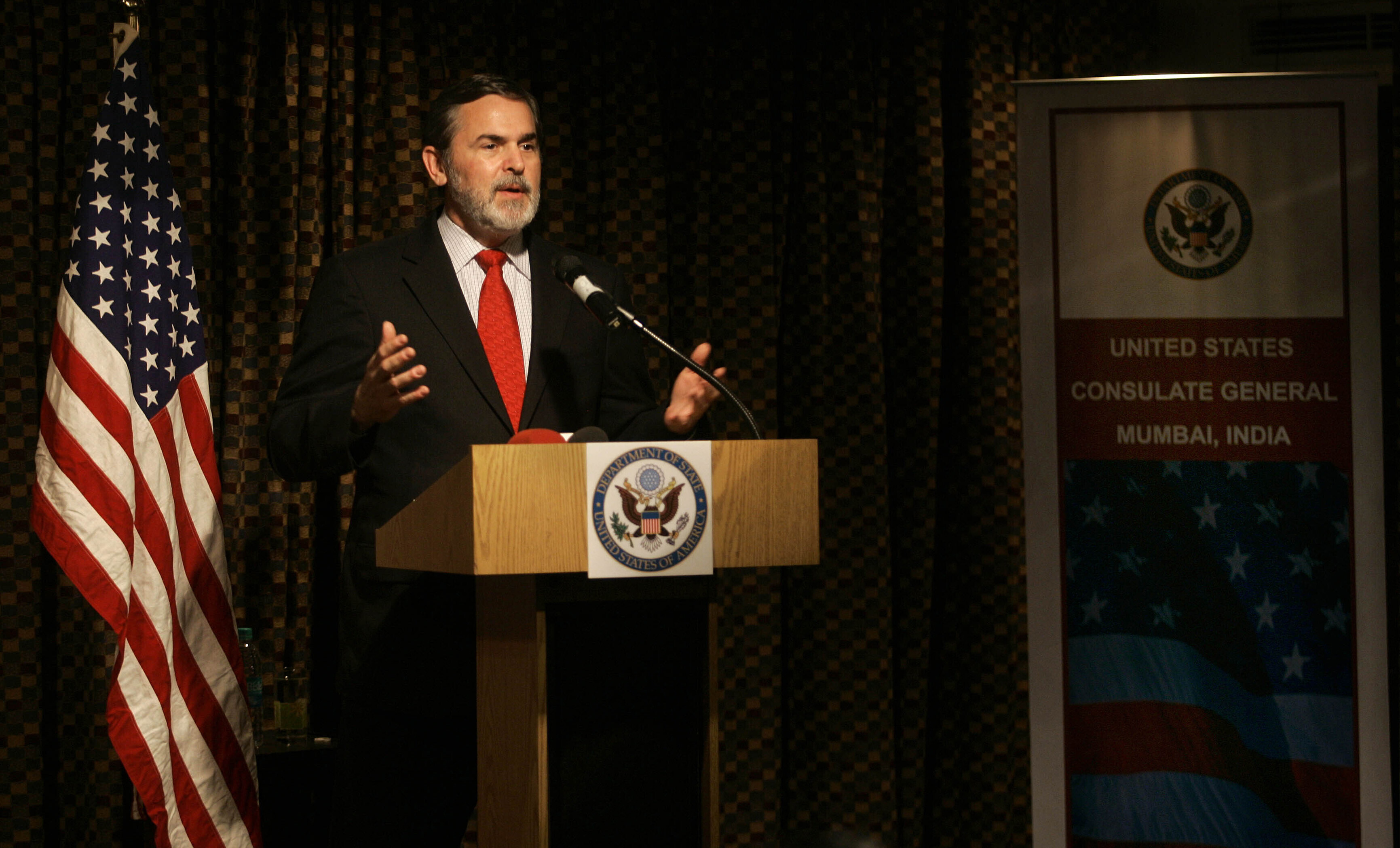 FILE - U.S. Assistant Secretary of State Richard Boucher speaks during a press conference in Mumbai, India, Jan. 9, 2009. (AP Photo/Rajanish Kakade, File)