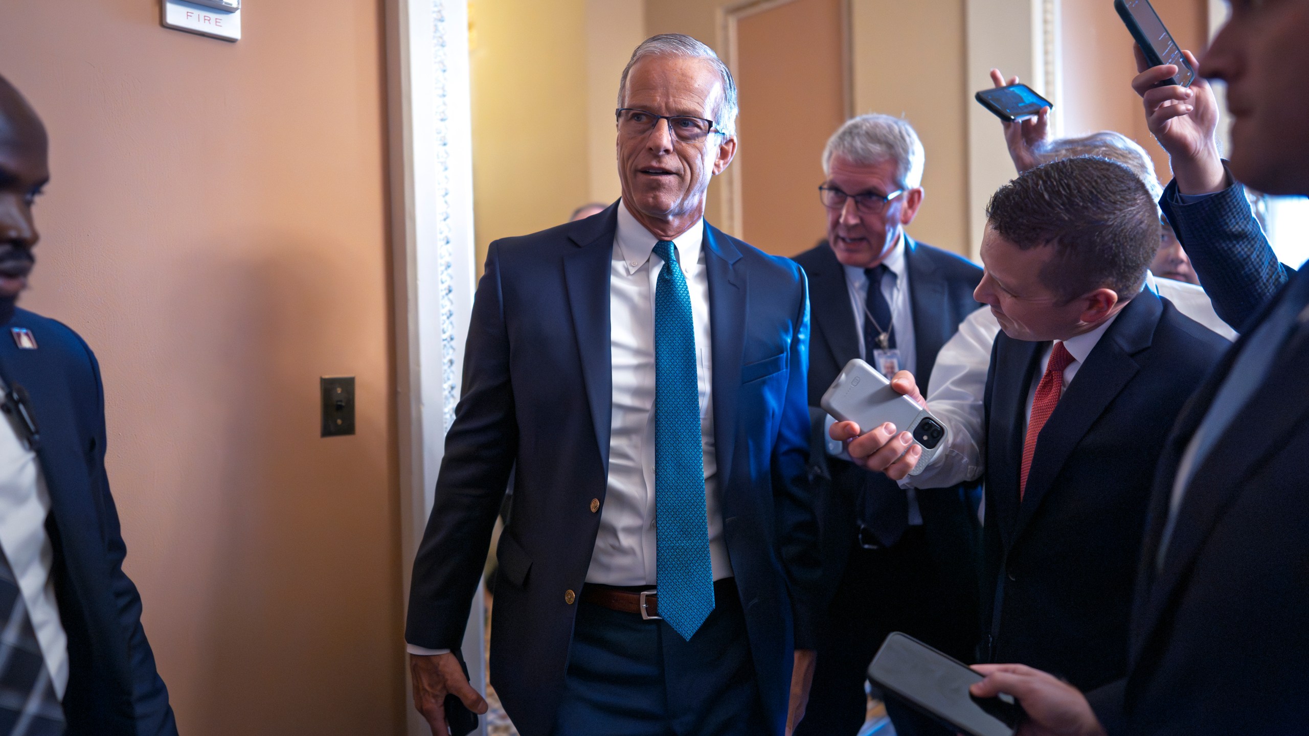Senate Majority Leader John Thune, R-S.D., arrives for a closed-door Republican meeting to advance President Donald Trump's sweeping domestic policy bill, at the Capitol in Washington, Friday, June 27, 2025. (AP Photo/J. Scott Applewhite)