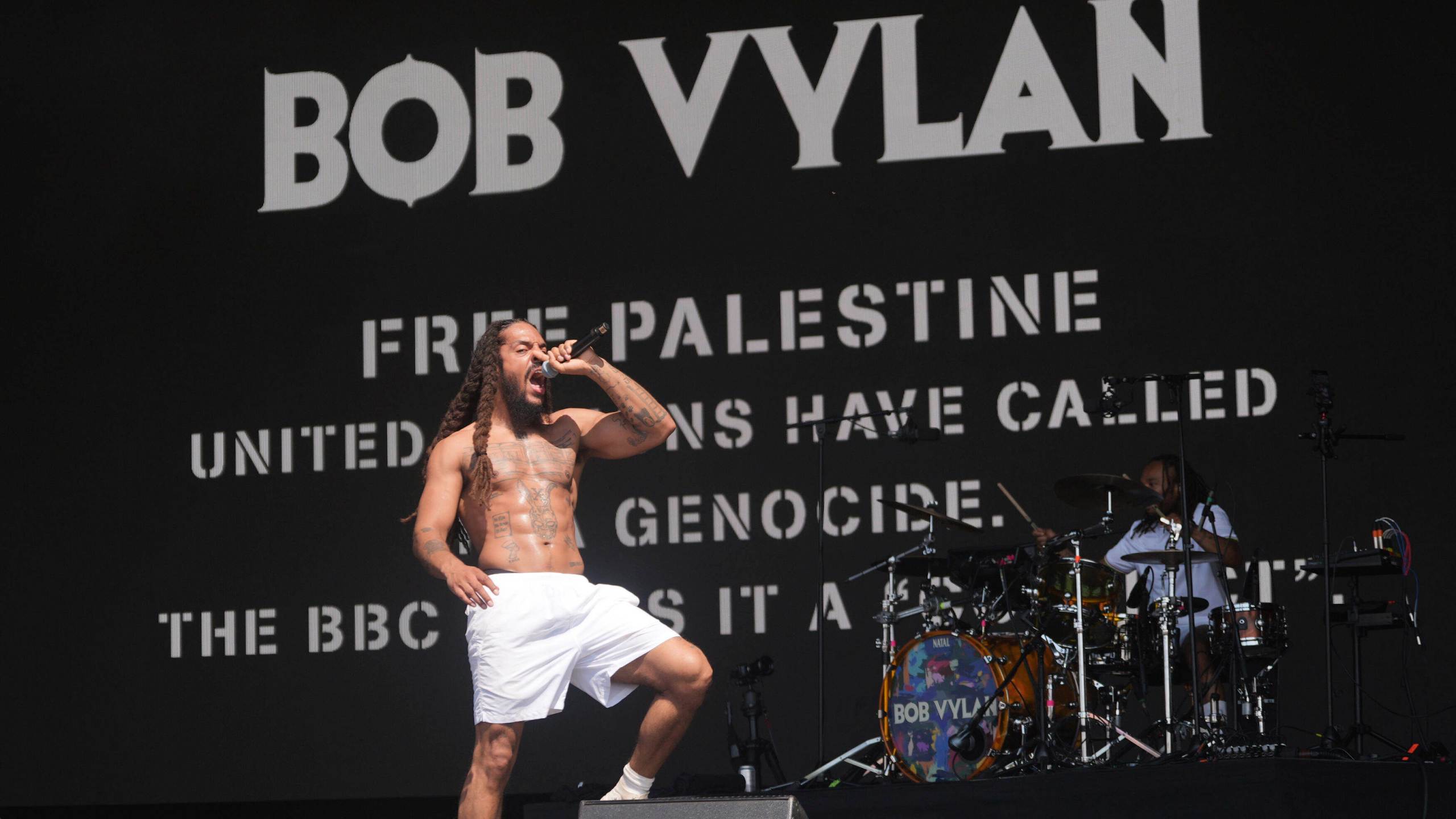 Bob Vylan perform on the West Holts Stage, during the Glastonbury Festival at Worthy Farm in Somerset. England, Saturday, June 28, 2025. (Yui Mok/PA via AP)