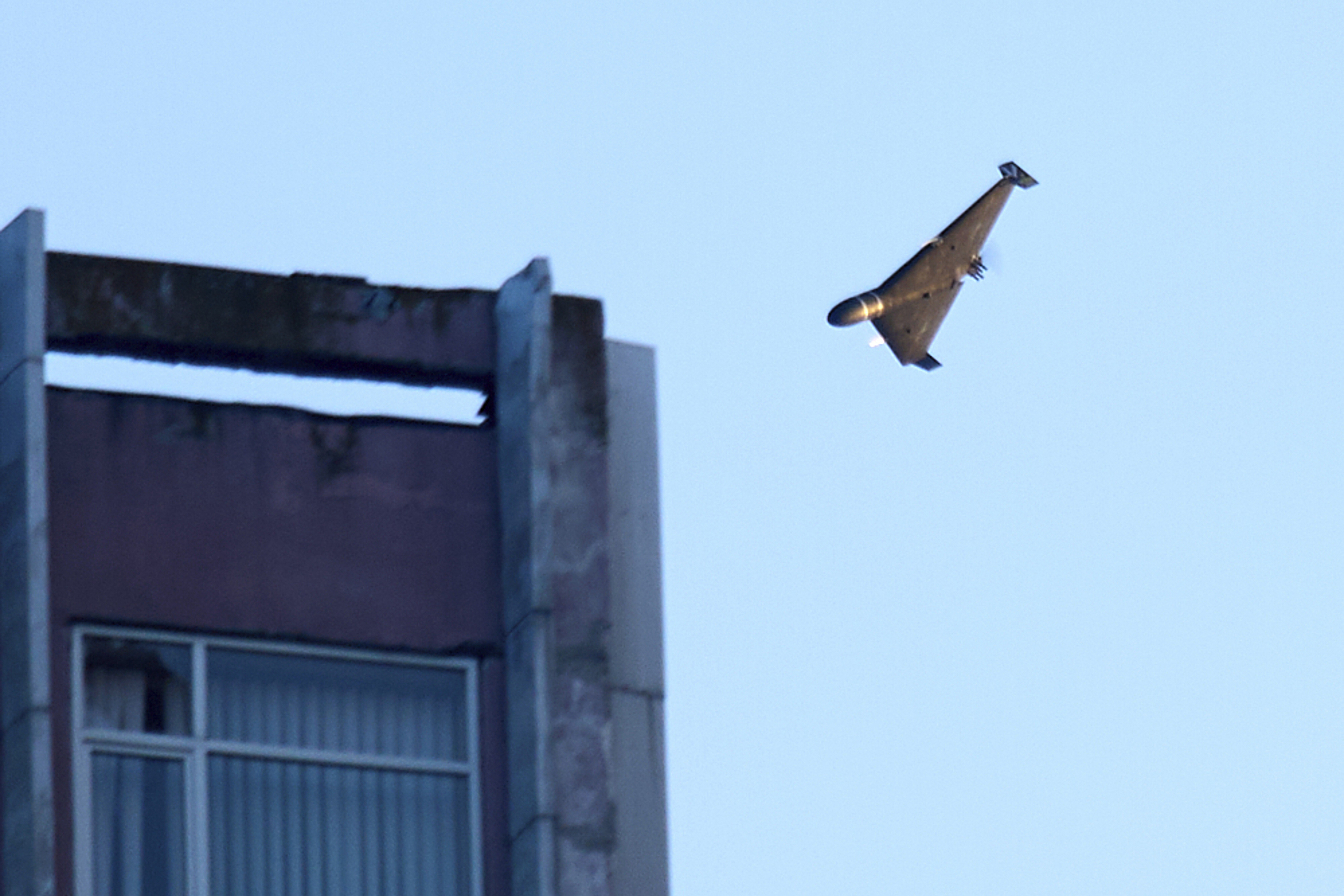 FILE - A Russian drone attacks a building during Russia's massive missile and drone air attack in Kyiv, Ukraine, June 17, 2025. (AP Photo/Efrem Lukatsky, file)