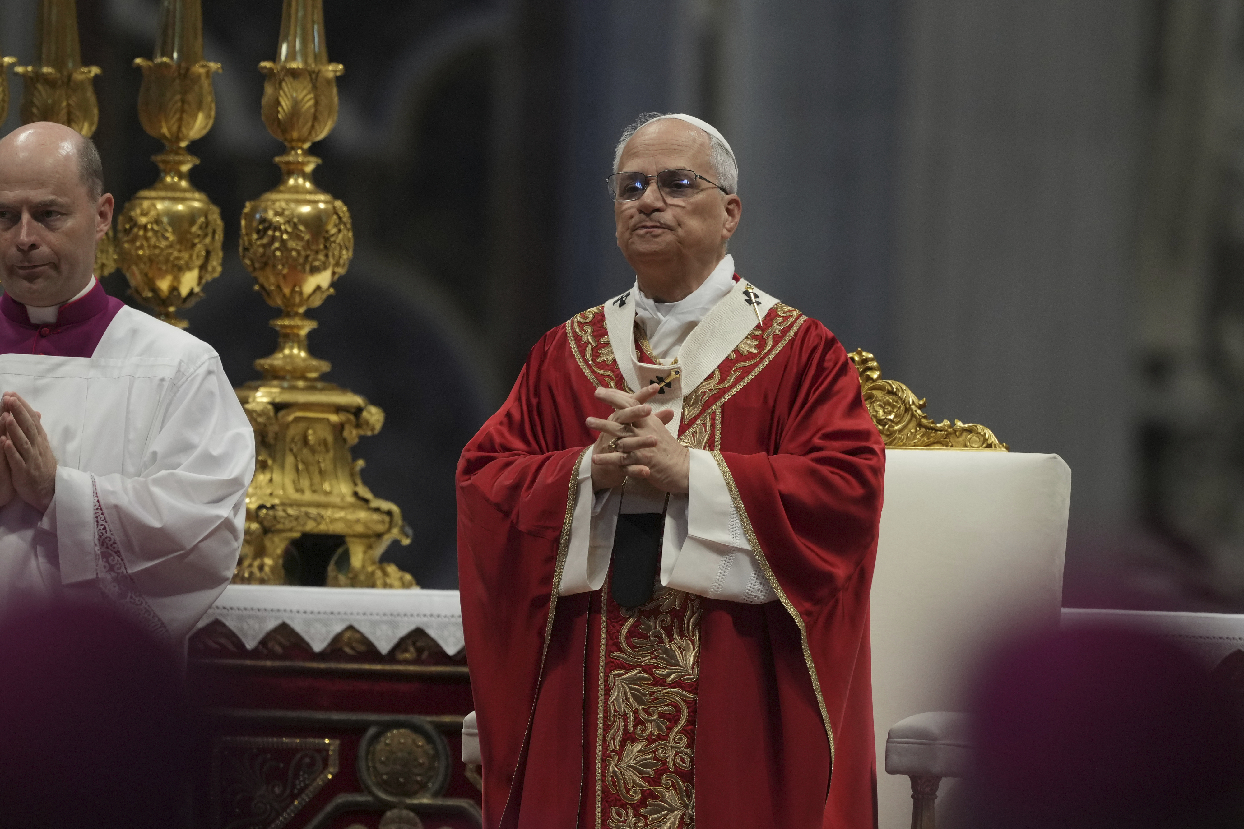 Pope Leo XIV celebrates a Mass in St. Peter's Basilica at the Vatican, where he will bless the pallia for the new metropolitan archbishops, Sunday, June 29, 2025. (AP Photo/Andrew Medichini)
