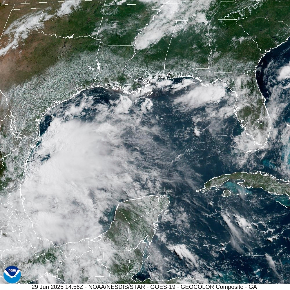 This satellite image provided by the National Oceanic and Atmospheric Administration (NOAA) shows Tropical Storm Barry, Sunday, June 29, 2025. (NOAA via AP)