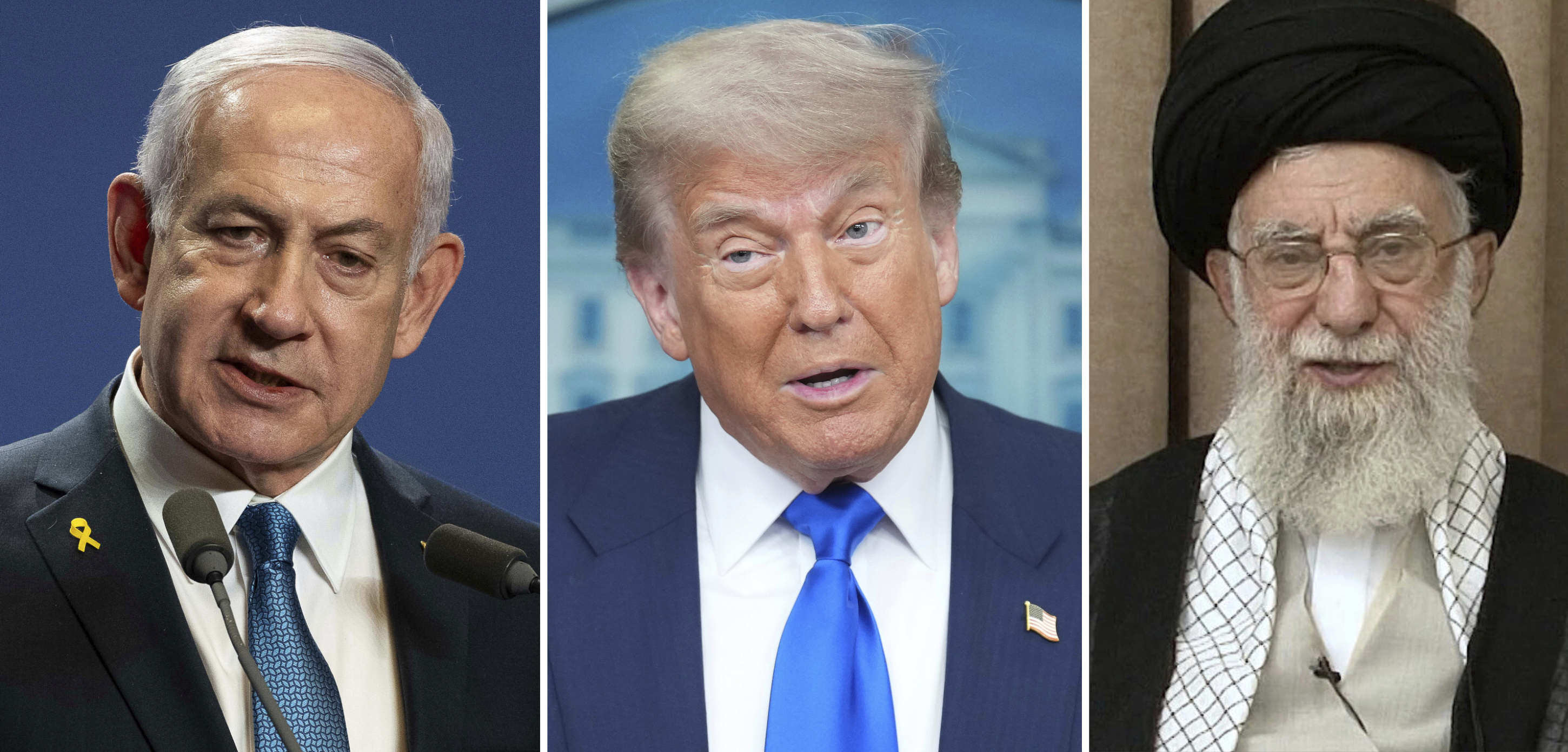 This combination of photos shows Israel's Prime Minister Benjamin Netanyahu in Budapest, Hungary, April 3, 2025, from left, President Donald Trump in the briefing room of the White House in Washington, June 27, 2025, and a handout of Supreme Leader Ayatollah Ali Khamenei during a televised speech in Tehran, Iran, June 26, 2025. (AP Photo/Denes Erdos, from left, AP Photo/Jacquelyn Martin, Office of the Iranian Supreme Leader via AP)