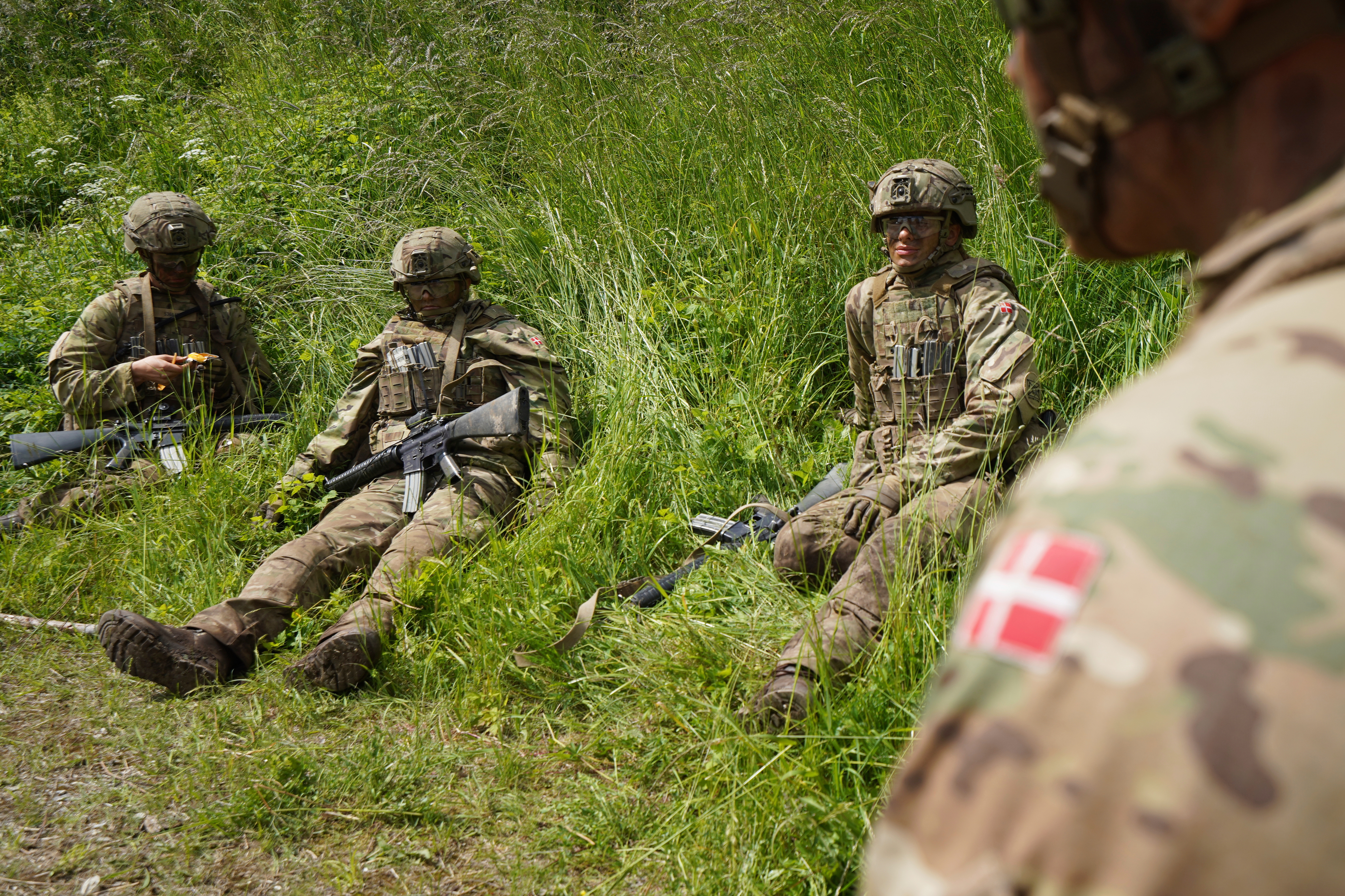 Young conscripts sit waiting in the grass during final exercises at a training area close to Royal Danish Army’s barracks in Hovelte, 25 kilometres north of Copenhagen, Denmark, Wednesday, June 11, 2025. (AP Photo/James Brooks)
