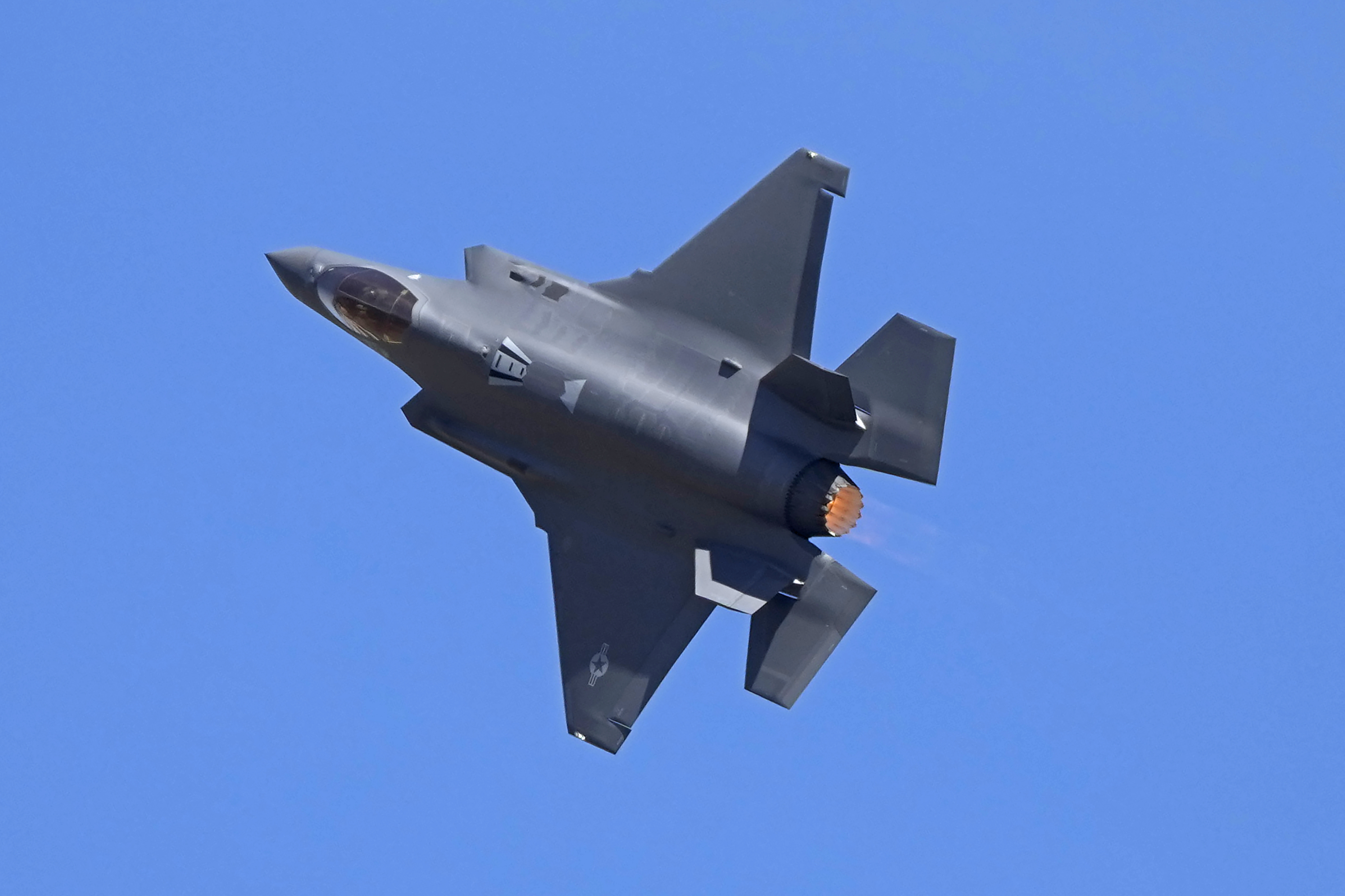 FILE - U.S. Air Force fighter aircraft F-35 performs on the third day of the Aero India 2025 at Yelahanka air base in Bengaluru, India, on Feb. 12, 2025. (AP Photo/Aijaz Rahi, File)