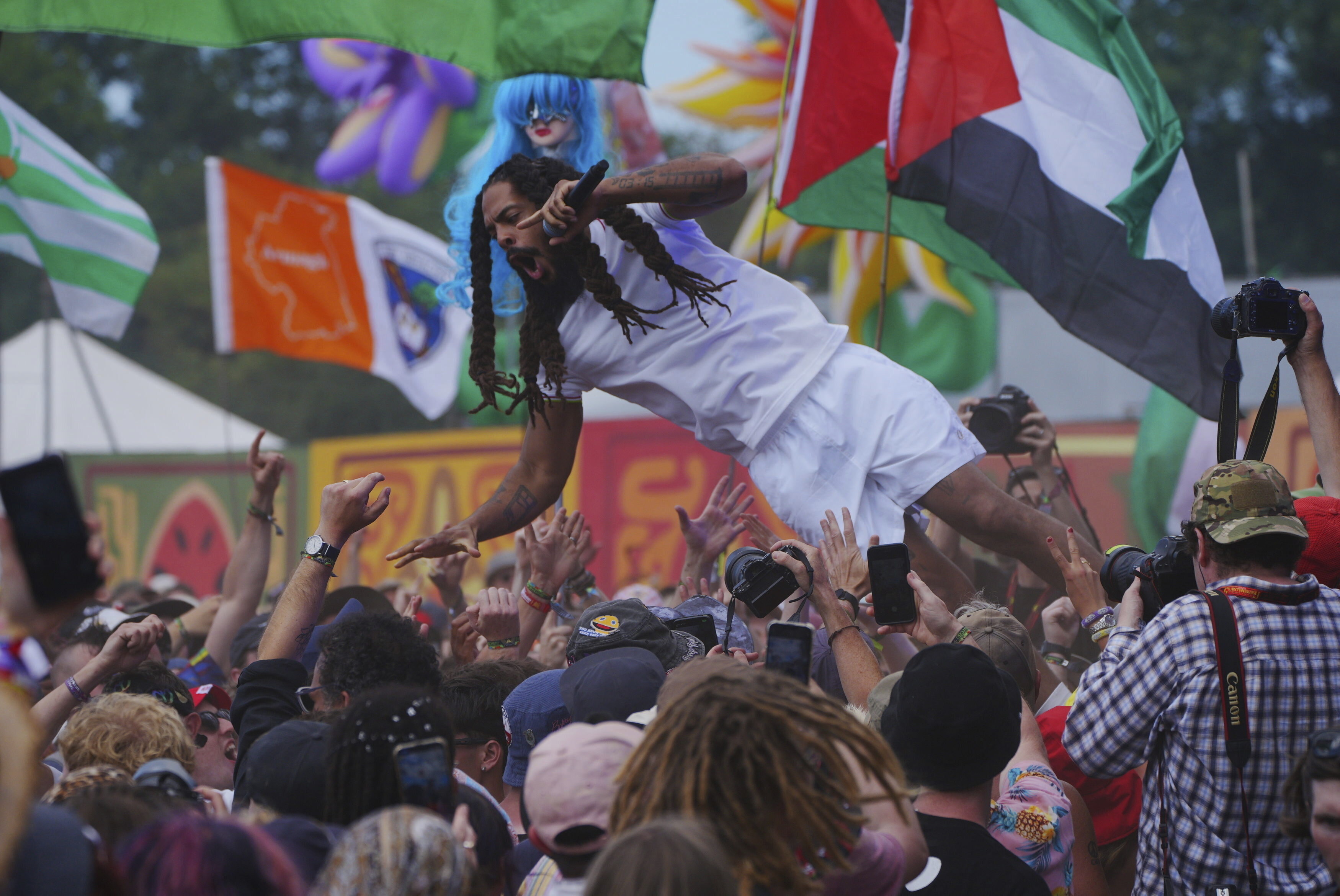 Bob Vylan performs on the West Holts Stage, during the Glastonbury Festival at Worthy Farm in Somerset. England, Saturday, June 28, 2025. (Ben Birchall/PA via AP)