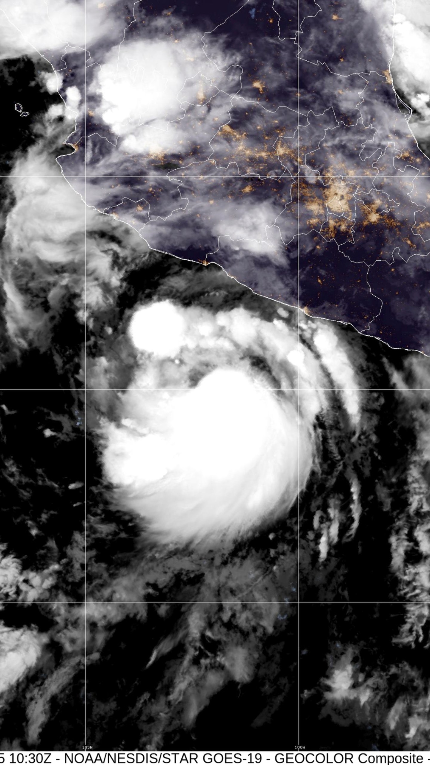 This satellite image provided by the National Oceanic and Atmospheric Administration (NOAA) shows Tropical Storm Flossie over North Pacific Ocean, Monday, June 30, 2025. (NOAA via AP)