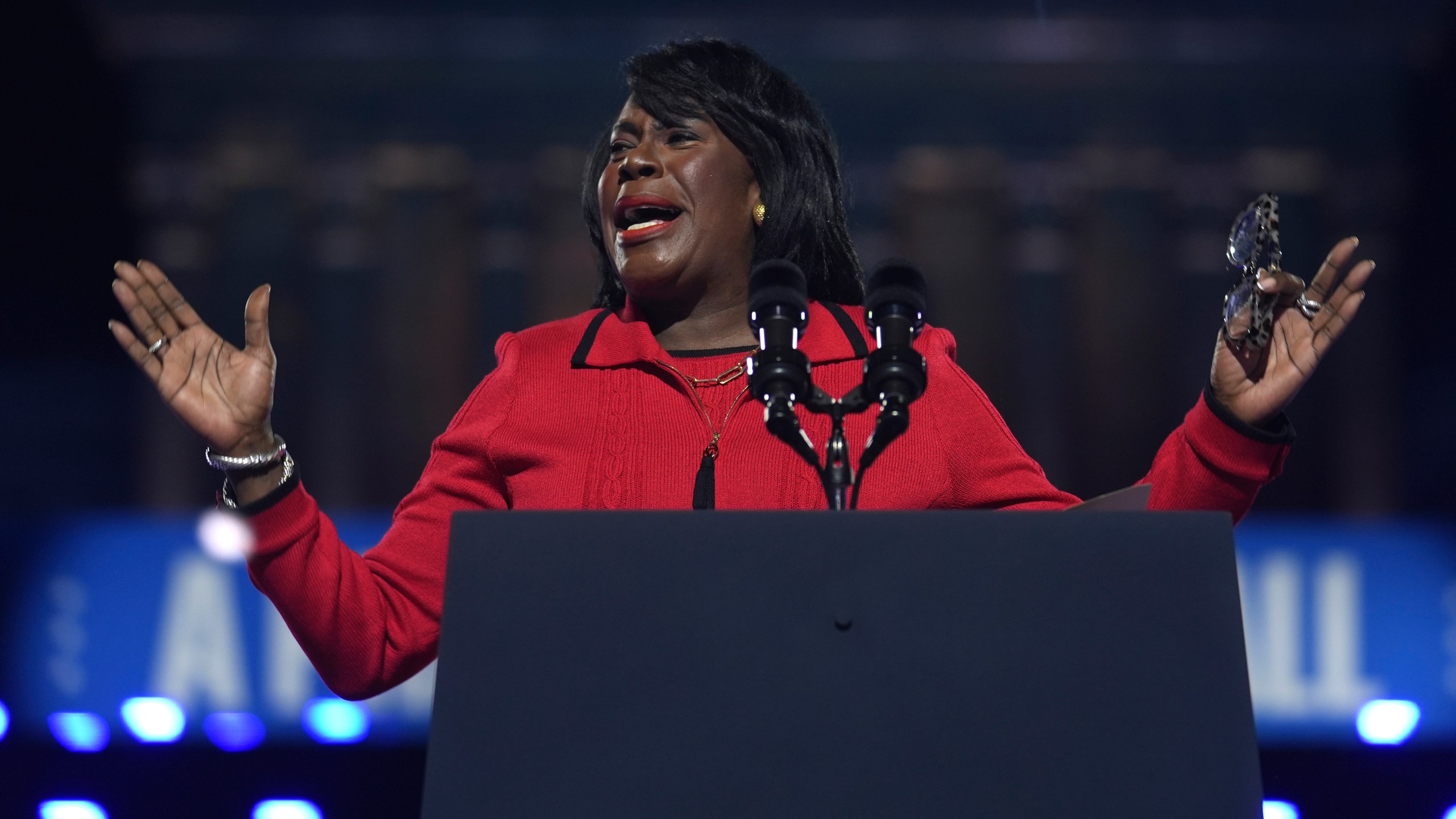 FILE- Philadelphia Mayor Cherelle Parker speaks during a campaign rally for Democratic presidential nominee Vice President Kamala Harris outside the Philadelphia Museum of Art, Nov. 4, 2024, in Philadelphia. (AP Photo/Matt Rourke, file)