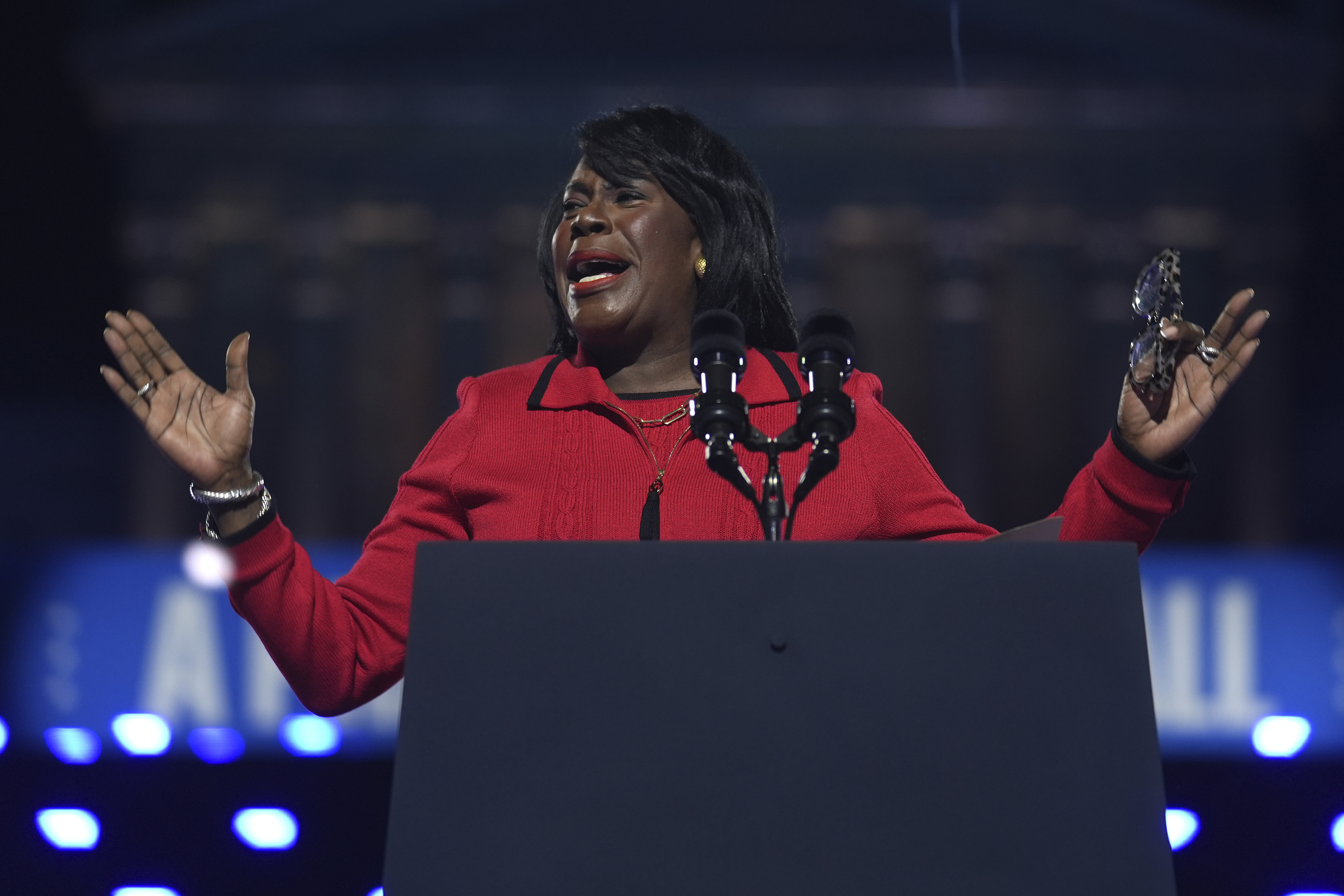 FILE- Philadelphia Mayor Cherelle Parker speaks during a campaign rally for Democratic presidential nominee Vice President Kamala Harris outside the Philadelphia Museum of Art, Nov. 4, 2024, in Philadelphia. (AP Photo/Matt Rourke, file)