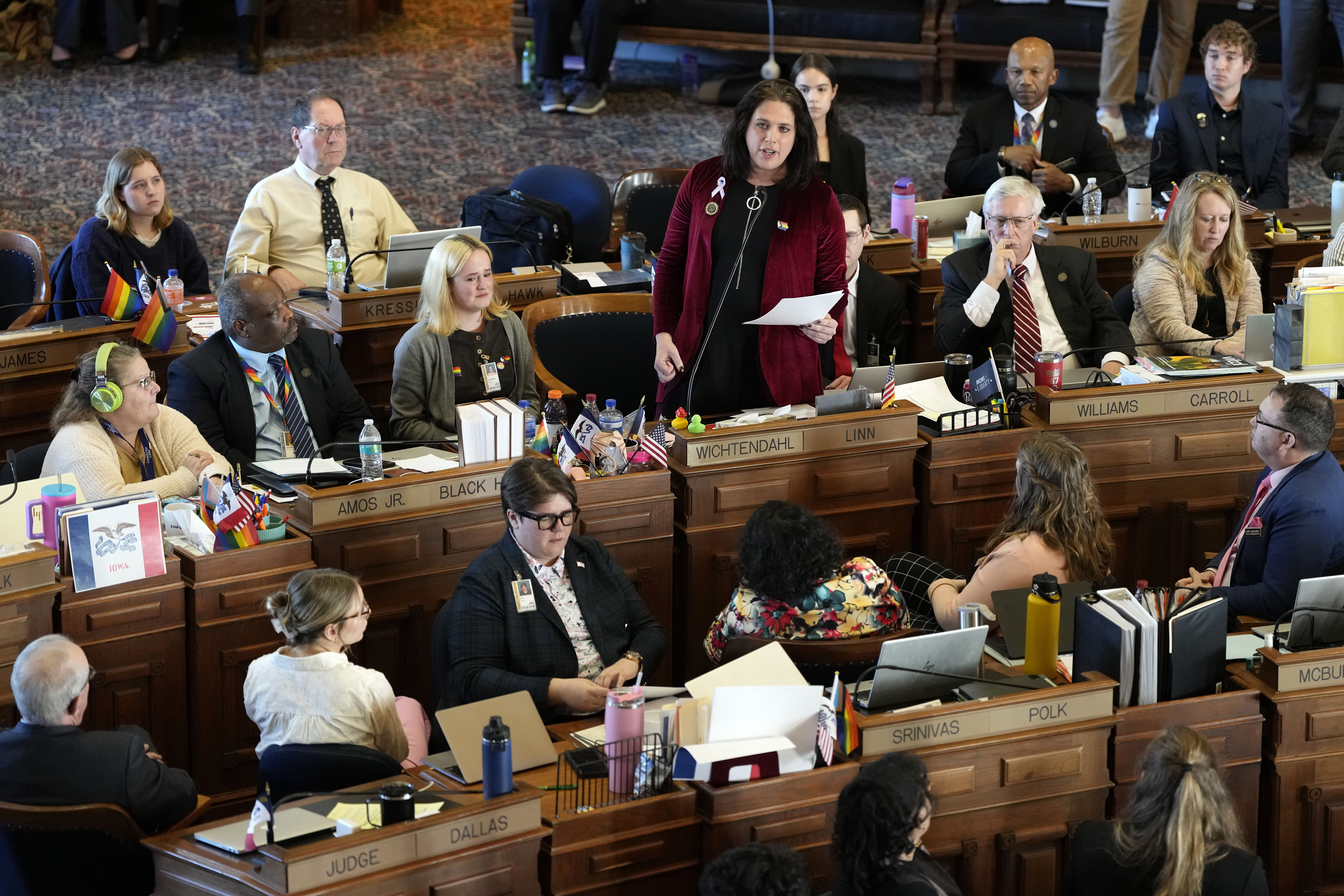FILE - Rep. Aime Wichtendahl, D-Hiawatha, speaks during debate on the gender identity bill, Feb. 27, 2025, at the Statehouse in Des Moines, Iowa. (AP Photo/Charlie Neibergall, File)