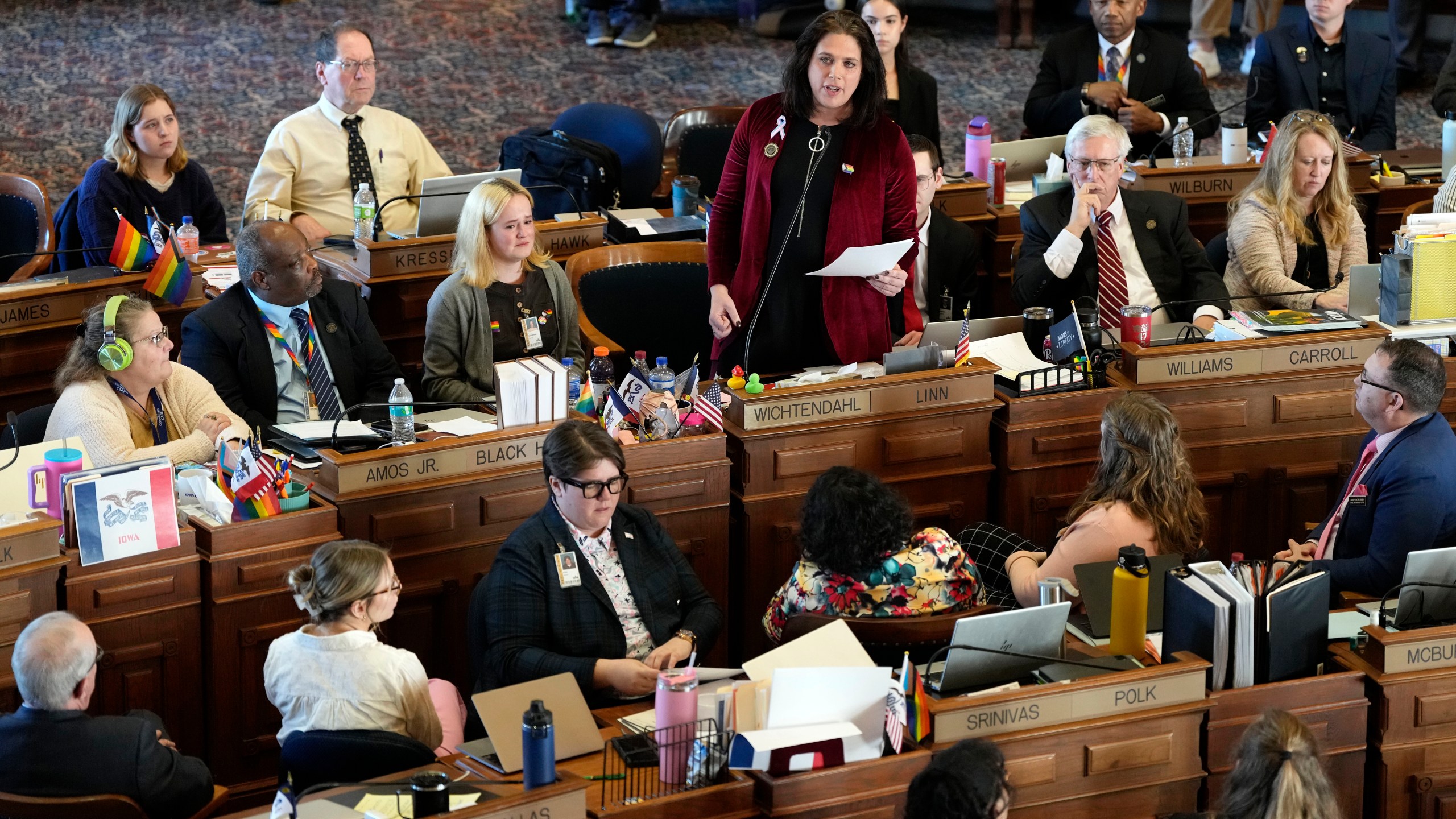 FILE - Rep. Aime Wichtendahl, D-Hiawatha, speaks during debate on the gender identity bill, Feb. 27, 2025, at the Statehouse in Des Moines, Iowa. (AP Photo/Charlie Neibergall, File)