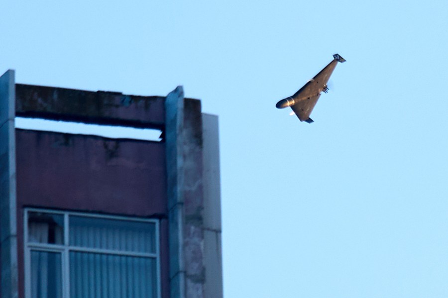 FILE - A Russian drone attacks a building during Russia's massive missile and drone air attack in Kyiv, Ukraine, June 17, 2025. (AP Photo/Efrem Lukatsky, file)