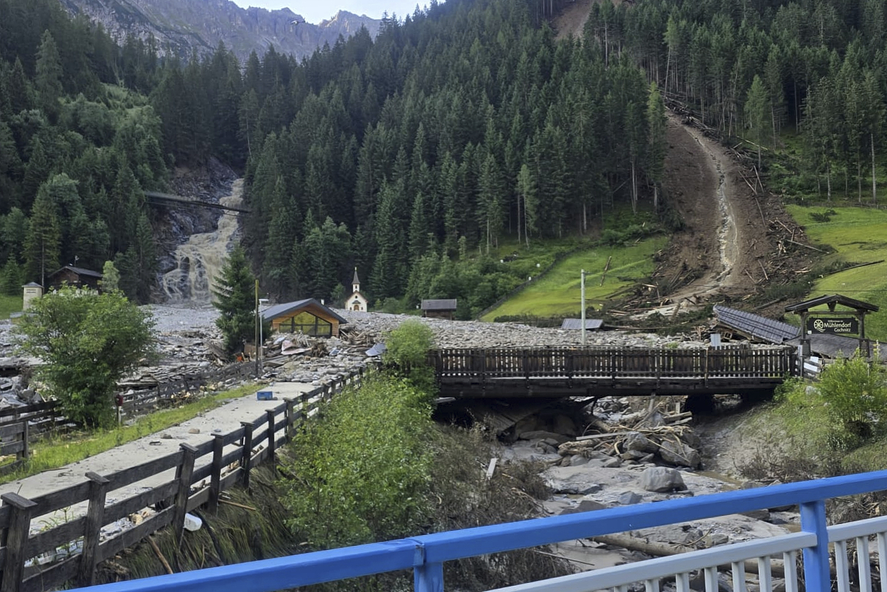 A mudslide covered homes and a street in the Gschnitztal valley in Tyrol, Austria, Tuesday, July 1, 2025. (BFV IBK-Land via AP)