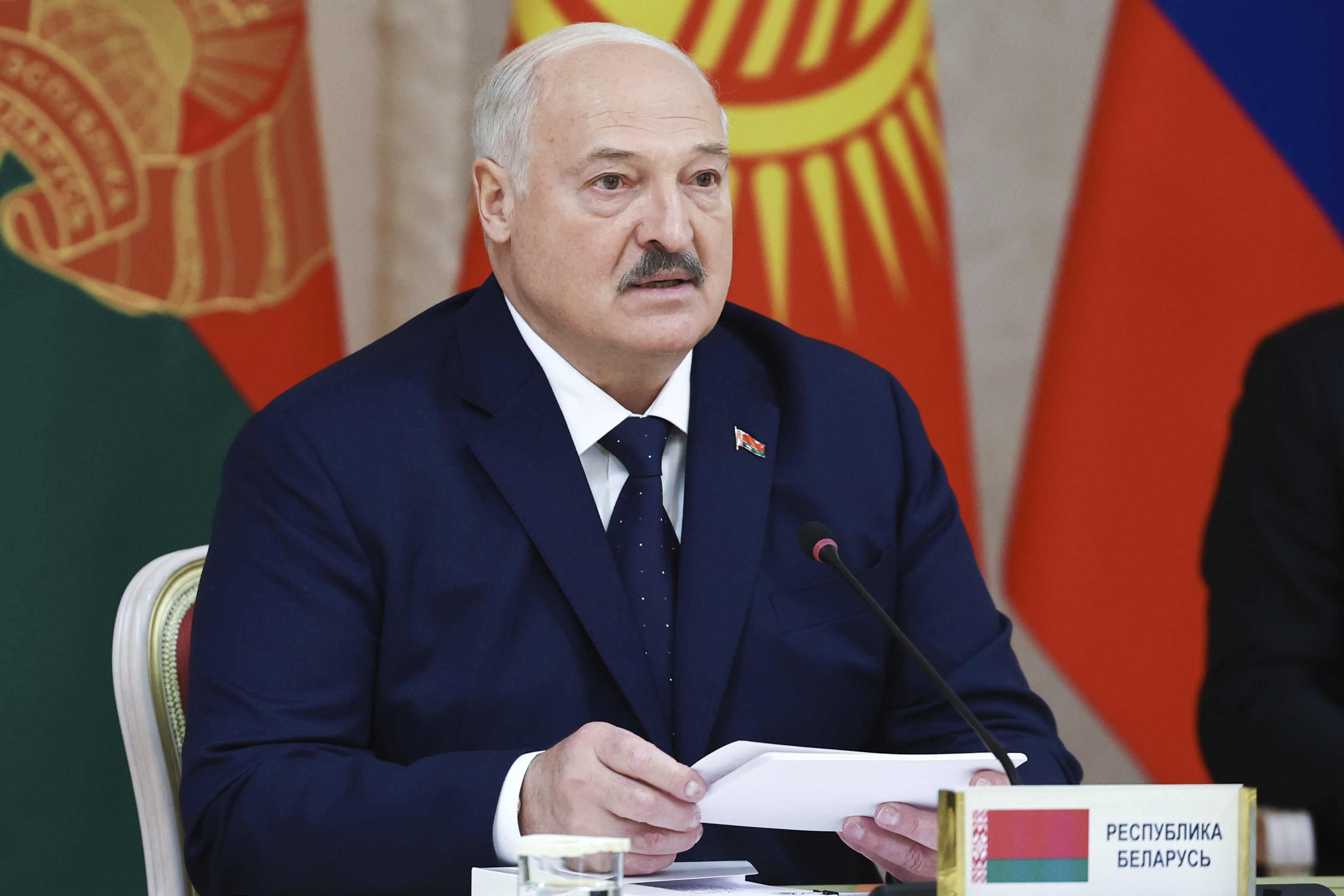 Belarusian President Alexander Lukashenko attends a meeting of the Supreme Eurasian Economic Council on the sidelines of the Eurasian Economic Forum in Minsk, Belarus, Friday, June 27, 2025. (Alexander Kazakov, Sputnik, Kremlin Pool Photo via AP)