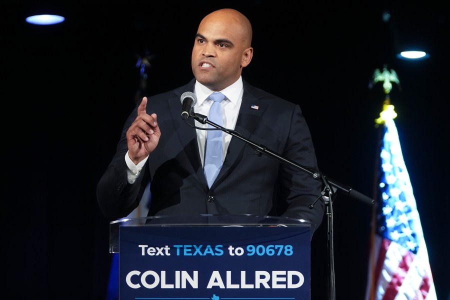 FILE - Texas Democratic Senate candidate Rep. Colin Allred, D-Texas, speaks during a watch party on election night, on Nov. 5, 2024, in Dallas. (AP Photo/Tony Gutierrez, File)