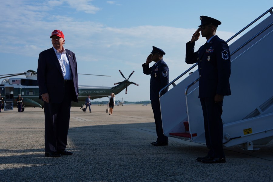 President Donald Trump boards Air Force One for a trip to visit a new migrant detention center in Ochopee, Fla., Tuesday, July 1, 2025, in Andrews Air Force Base, Md. (AP Photo/Evan Vucci)