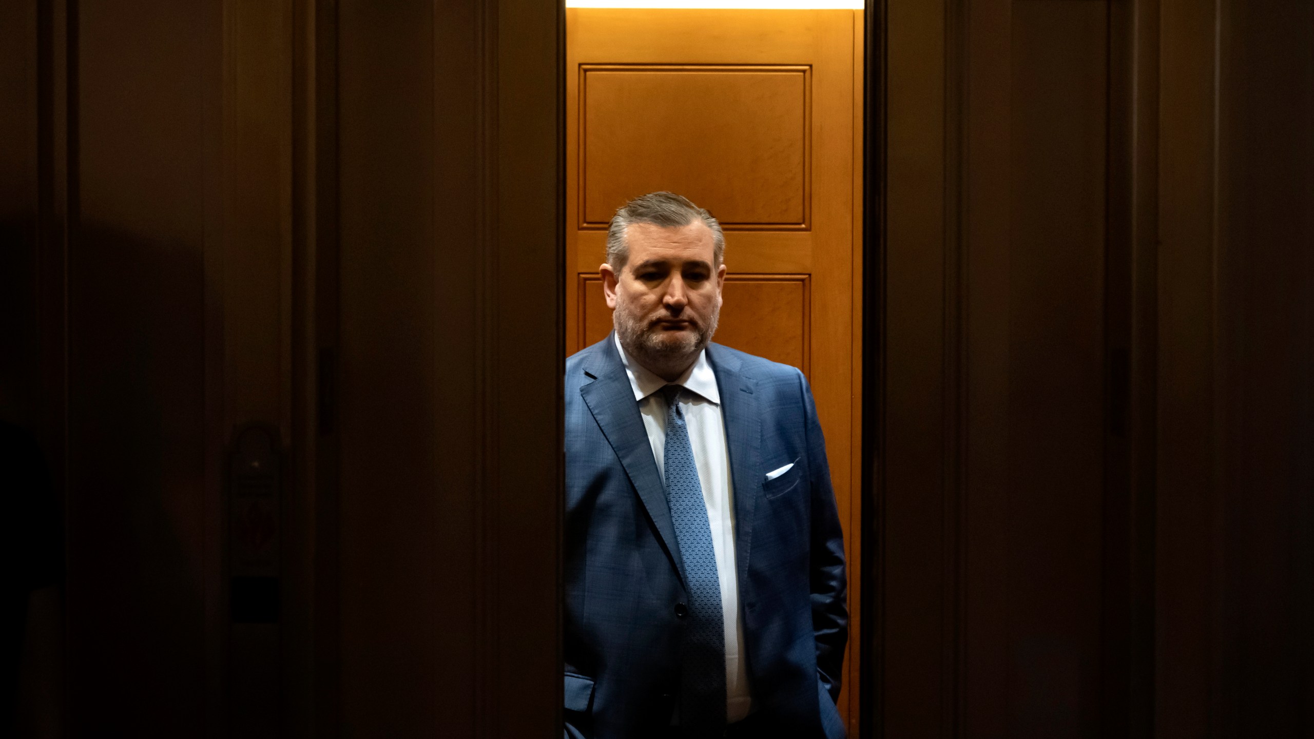 Sen. Ted Cruz, R-Texas, stands in an elevator as Republicans begin a final push to advance President Donald Trump's tax breaks and spending cuts package, at the Capitol in Washington, Monday, June 30, 2025. (AP Photo/Mark Schiefelbein)