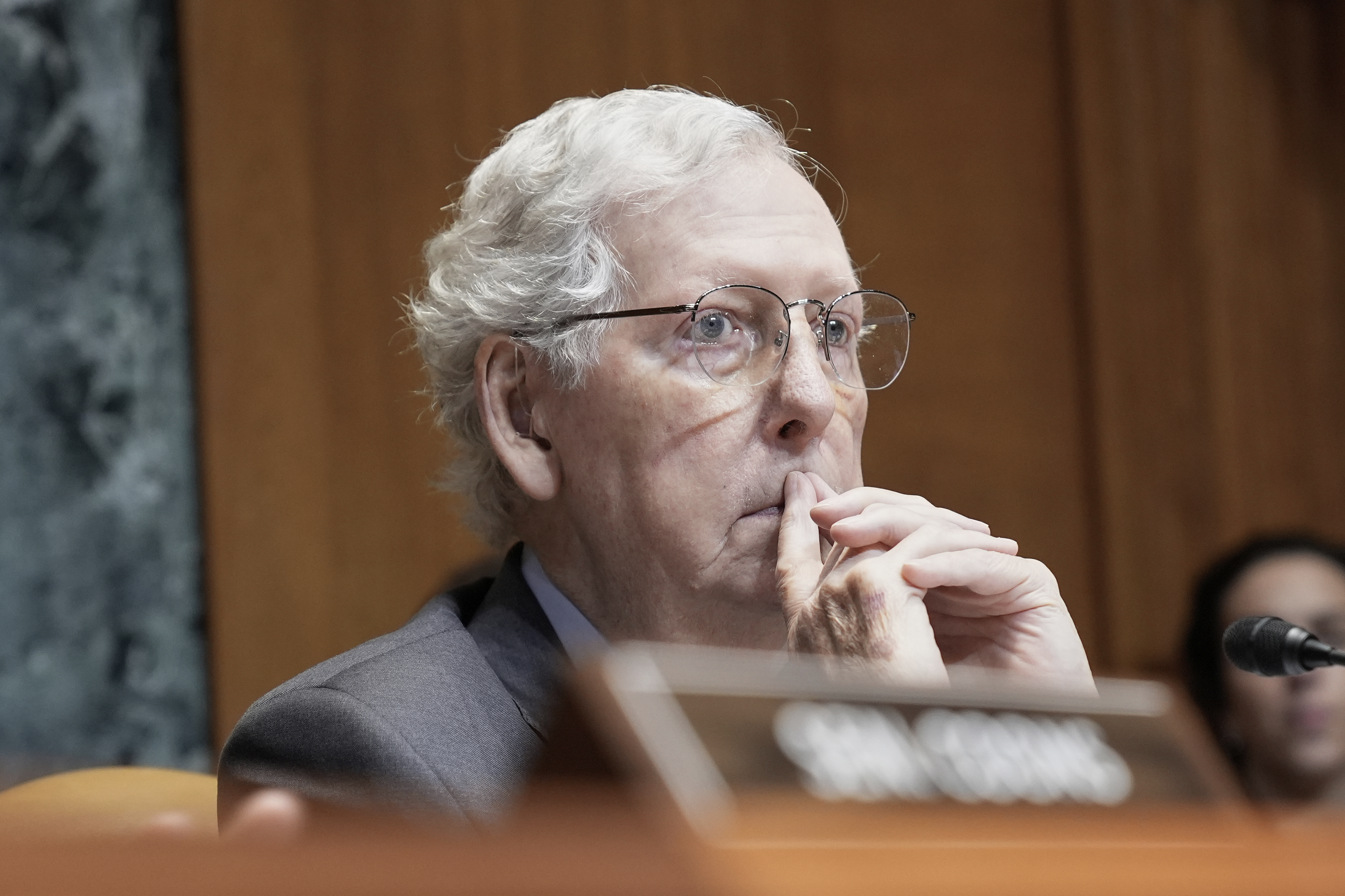Sen. Mitch McConnell, R-Ky., listens during a Senate Committee on Appropriations subcommittee hearing to examine proposed budget estimates for fiscal year 2026 for the Air Force and Space Force on Capitol Hill, Thursday, June 26, 2025, in Washington. (AP Photo/Mariam Zuhaib)