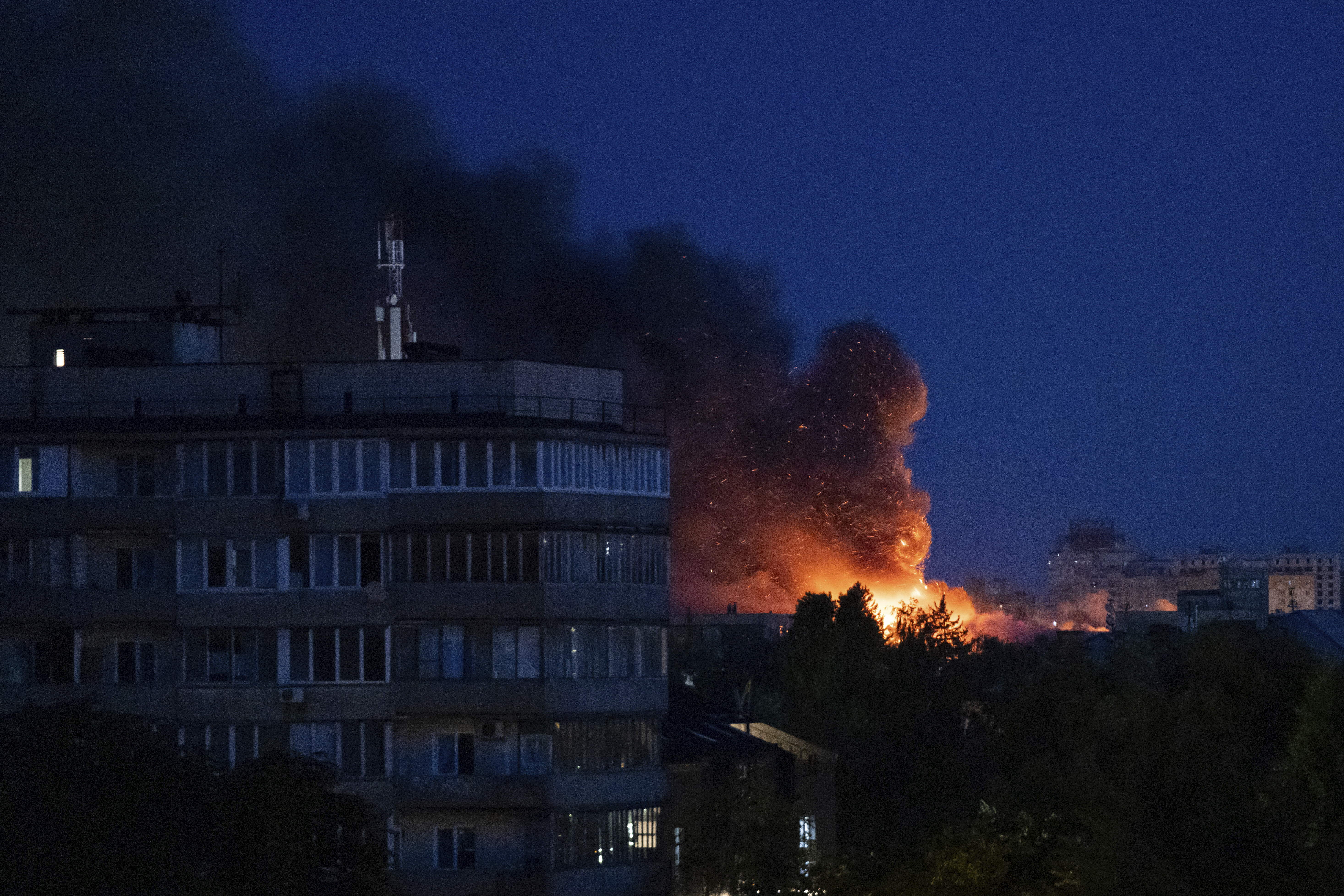 A fire is seen after a Russian strike on Kyiv, Ukraine, on Monday, June 23, 2025. (AP Photo)
