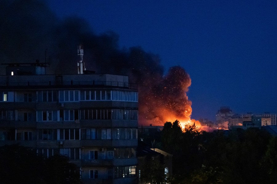 A fire is seen after a Russian strike on Kyiv, Ukraine, on Monday, June 23, 2025. (AP Photo)