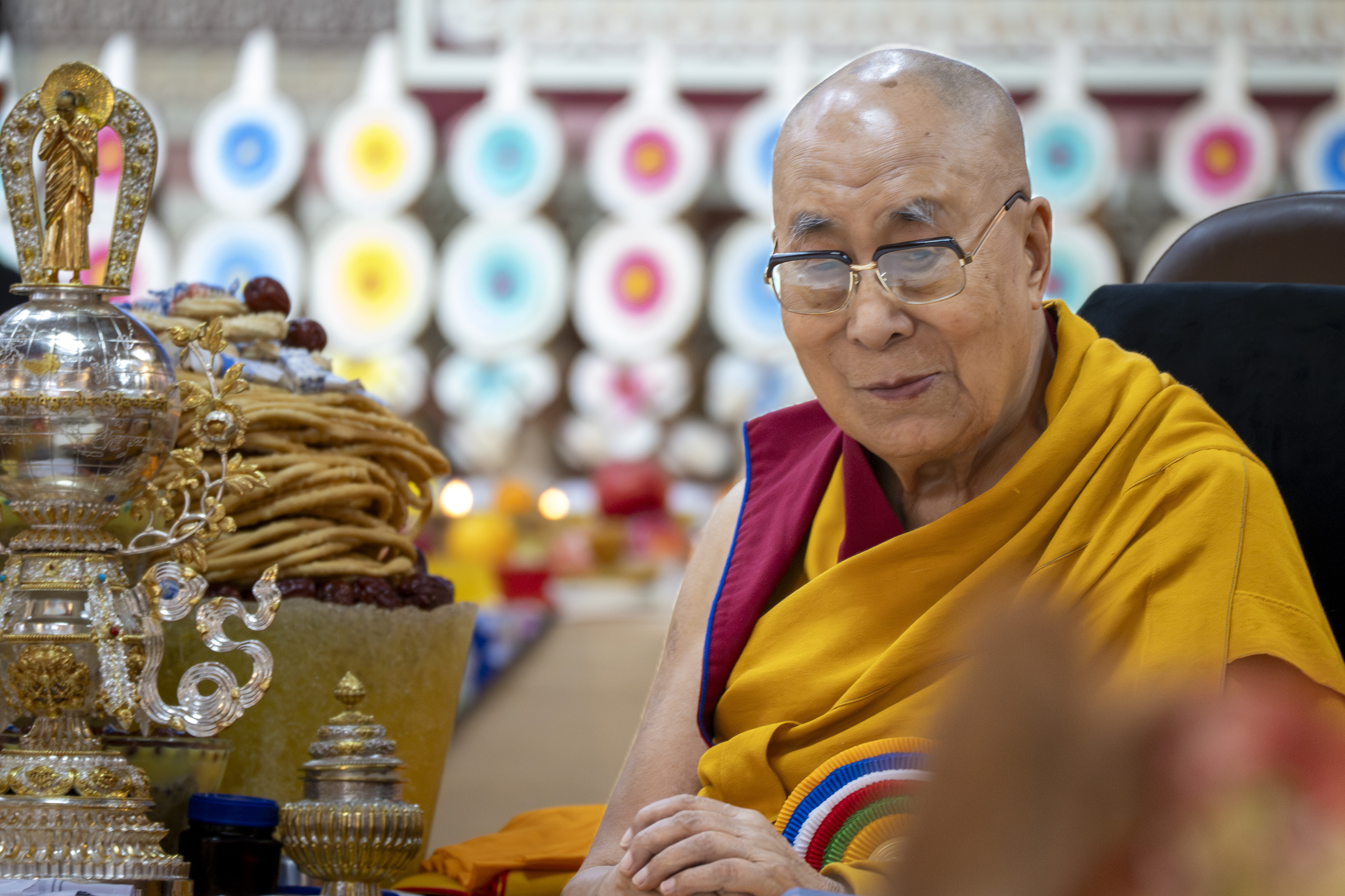 Tibetan spiritual leader the Dalai Lama attends an event celebrating his 90th birthday according to a Tibetan calendar at the Tsuglakhang temple in Dharamshala, India, Monday, June 30, 2025, ahead of his birthday according to the Gregorian calendar on July 6. (AP Photo/Ashwini Bhatia)