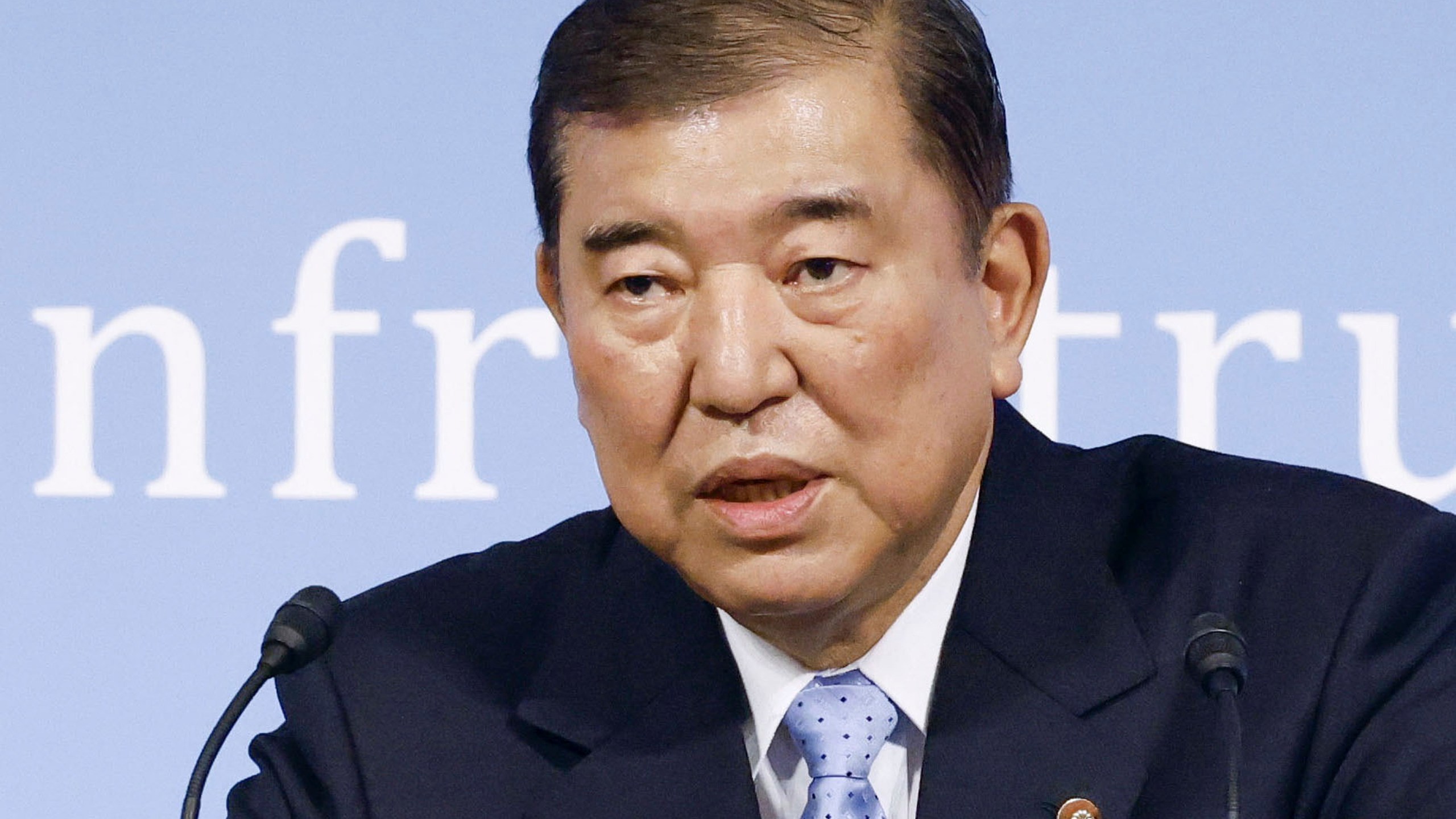 Japan's Prime Minister and president of the Liberal Democratic Party (LDP) Shigeru Ishiba speaks during a convention held by Reiwa Rincho group in Tokyo, June 29, 2025.(Kyodo News via AP)