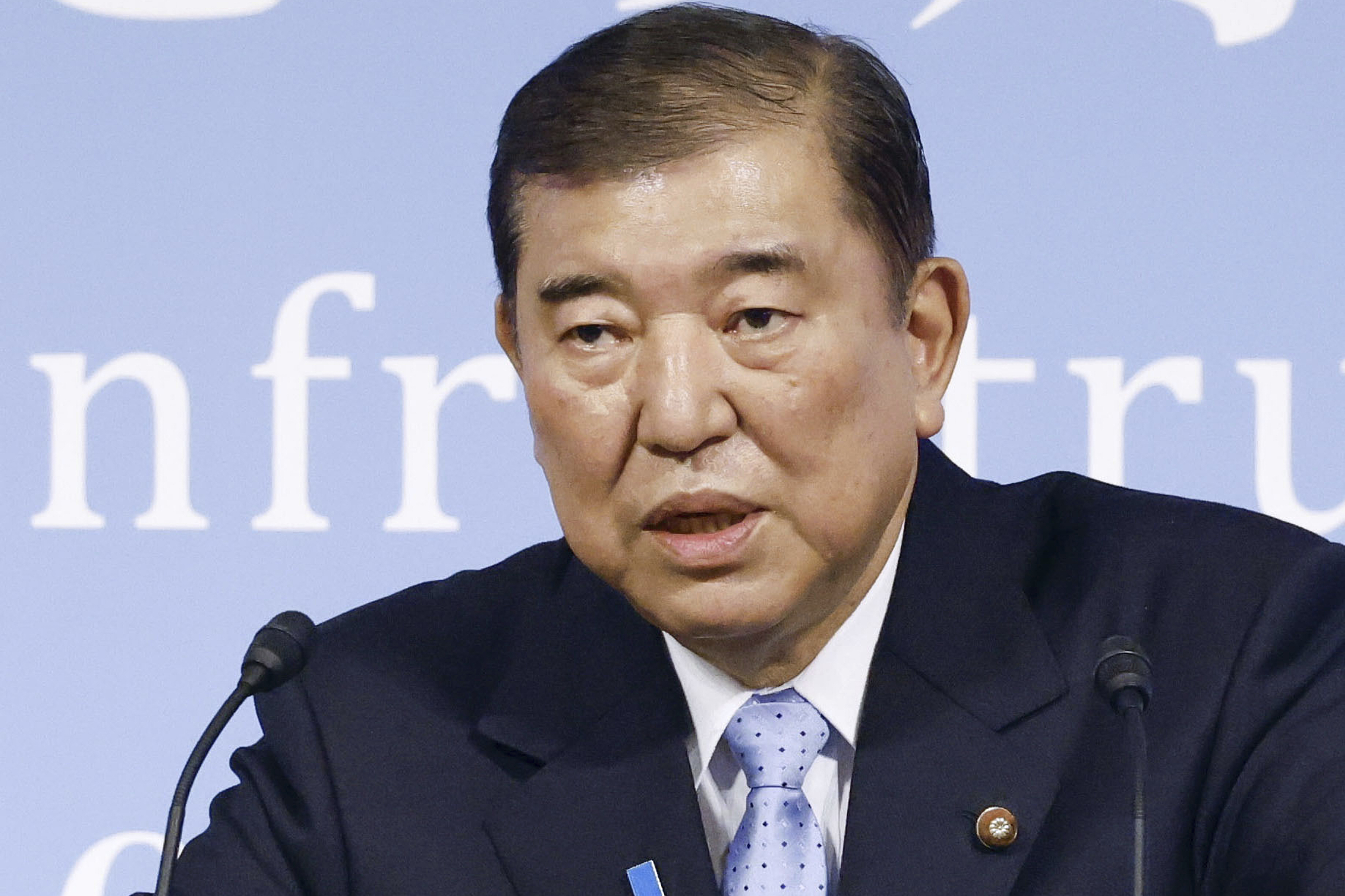Japan's Prime Minister and president of the Liberal Democratic Party (LDP) Shigeru Ishiba speaks during a convention held by Reiwa Rincho group in Tokyo, June 29, 2025.(Kyodo News via AP)