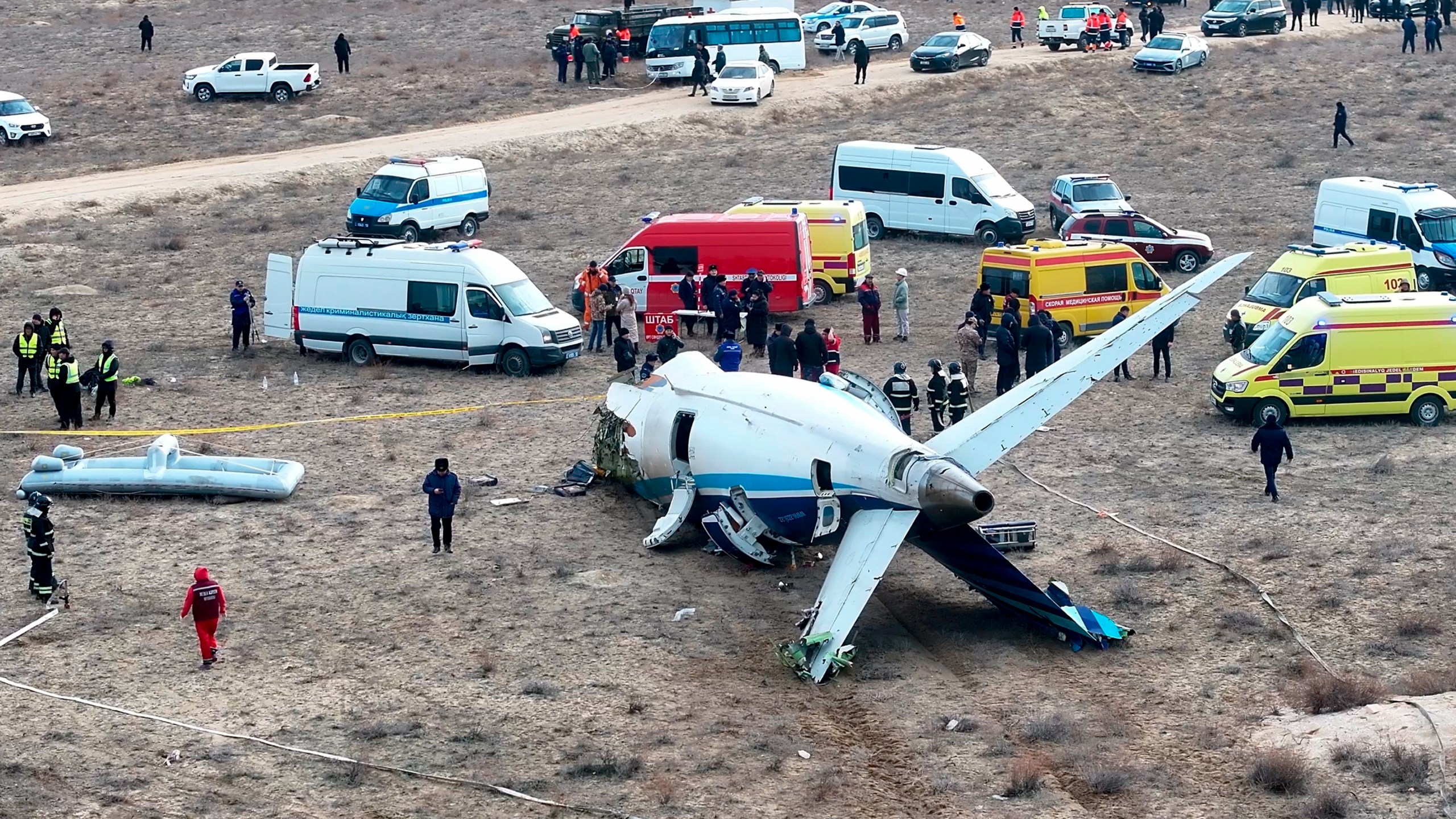 FILE - The wreckage of an Azerbaijan Airlines passenger jet lies on the ground near the airport in Aktau, Kazakhstan, where it crash-landed on Dec. 25, 2024. (AP Photo/Azamat Sarsenbayev, File)