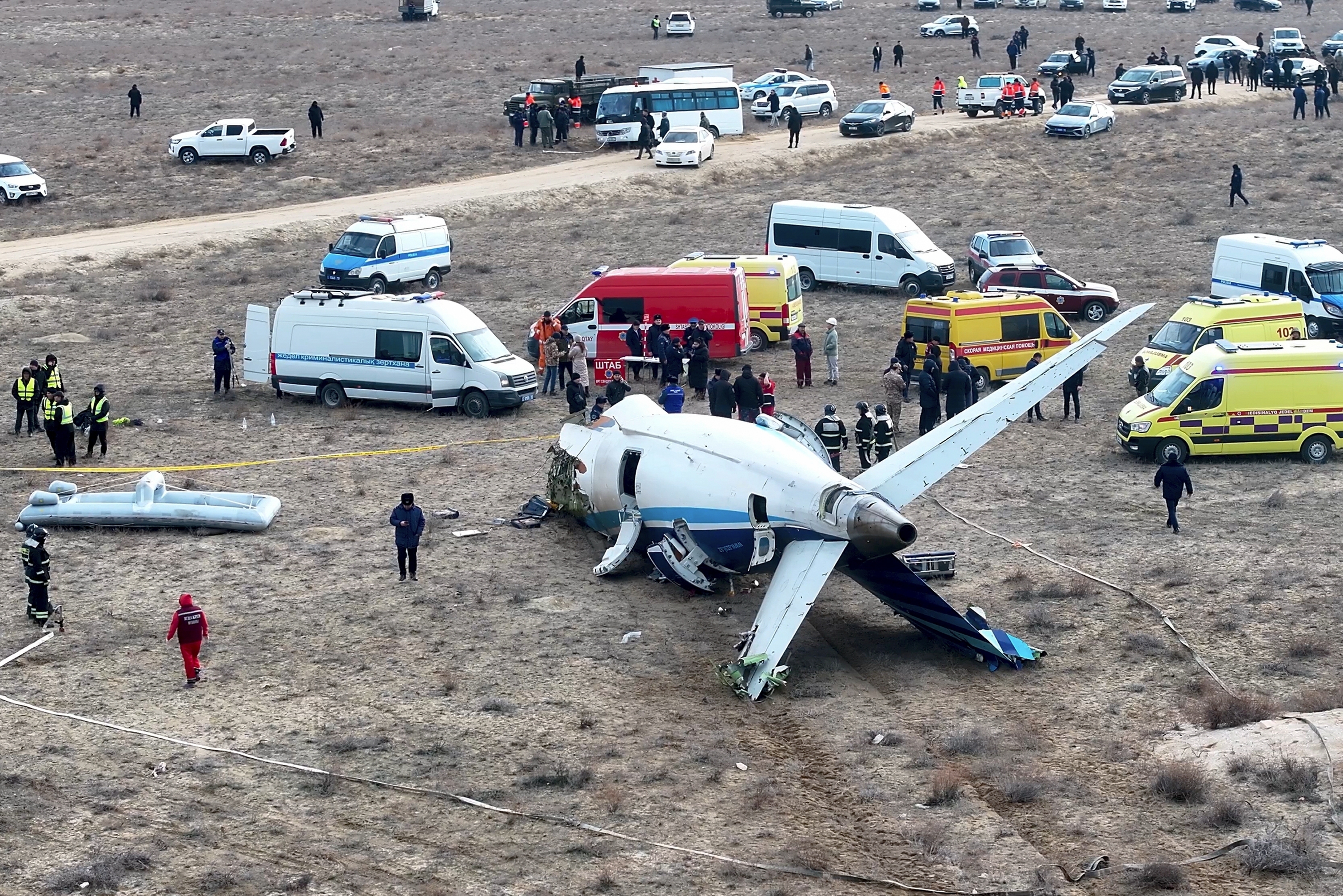 FILE - The wreckage of an Azerbaijan Airlines passenger jet lies on the ground near the airport in Aktau, Kazakhstan, where it crash-landed on Dec. 25, 2024. (AP Photo/Azamat Sarsenbayev, File)