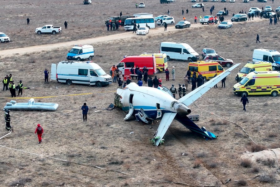 FILE - The wreckage of an Azerbaijan Airlines passenger jet lies on the ground near the airport in Aktau, Kazakhstan, where it crash-landed on Dec. 25, 2024. (AP Photo/Azamat Sarsenbayev, File)