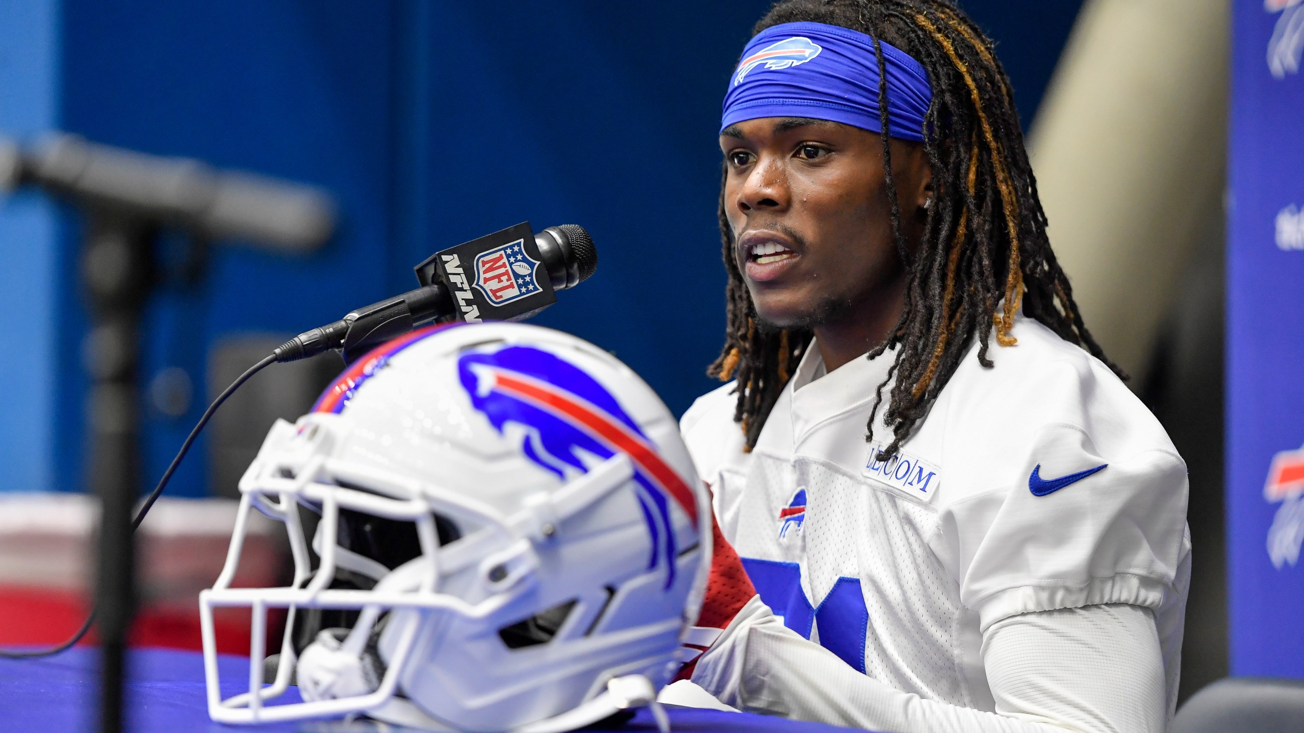 Buffalo Bills cornerbacks Maxwell Hairston (31) speaks to the media after the NFL football team's rookie minicamp in Orchard Park, N.Y., May 9, 2025. (AP Photo/Adrian Kraus)