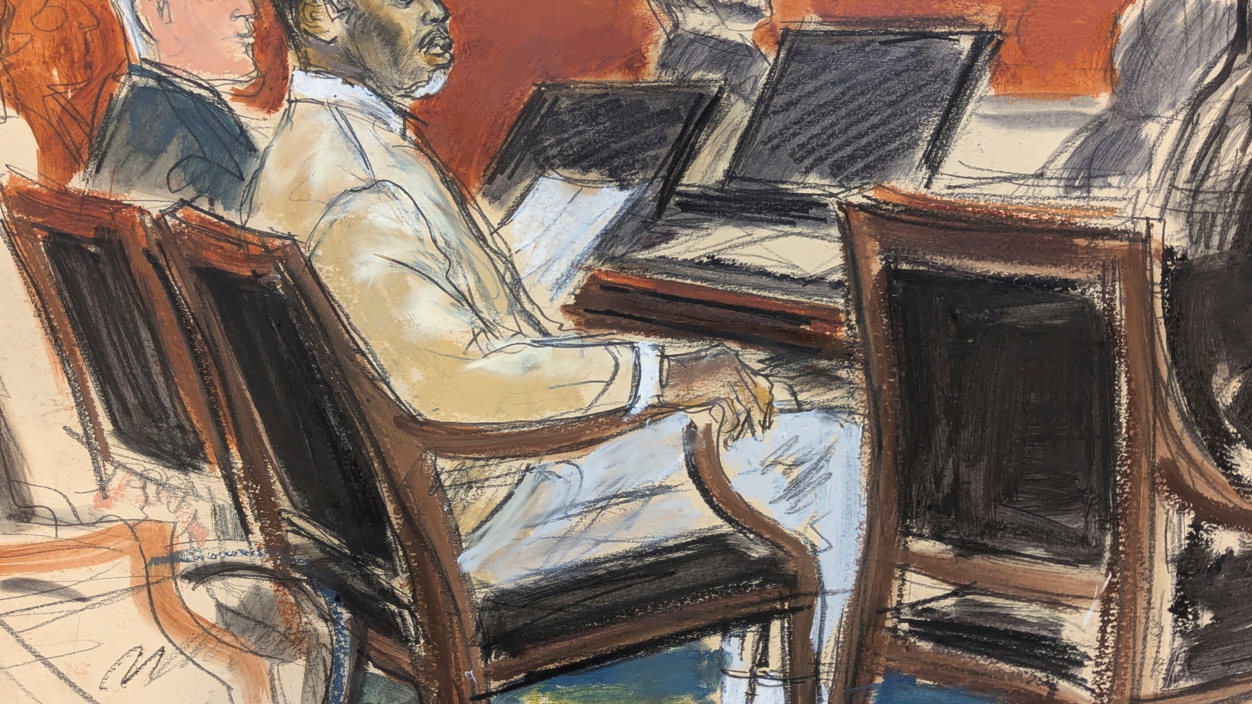 Sean ' Diddy' Combs, second from left, watches from the defense table as Judge Arun Subramanian speaks to the jury in Manhattan federal court, Tuesday, July 1, 2025, in New York. (Elizabeth Williams via AP)