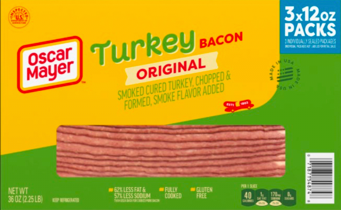 This image provided by the USDA on Wednesday, July 2, 2025, shows the packaging of recalled Oscar Mayer turkey bacon. (USDA via AP)