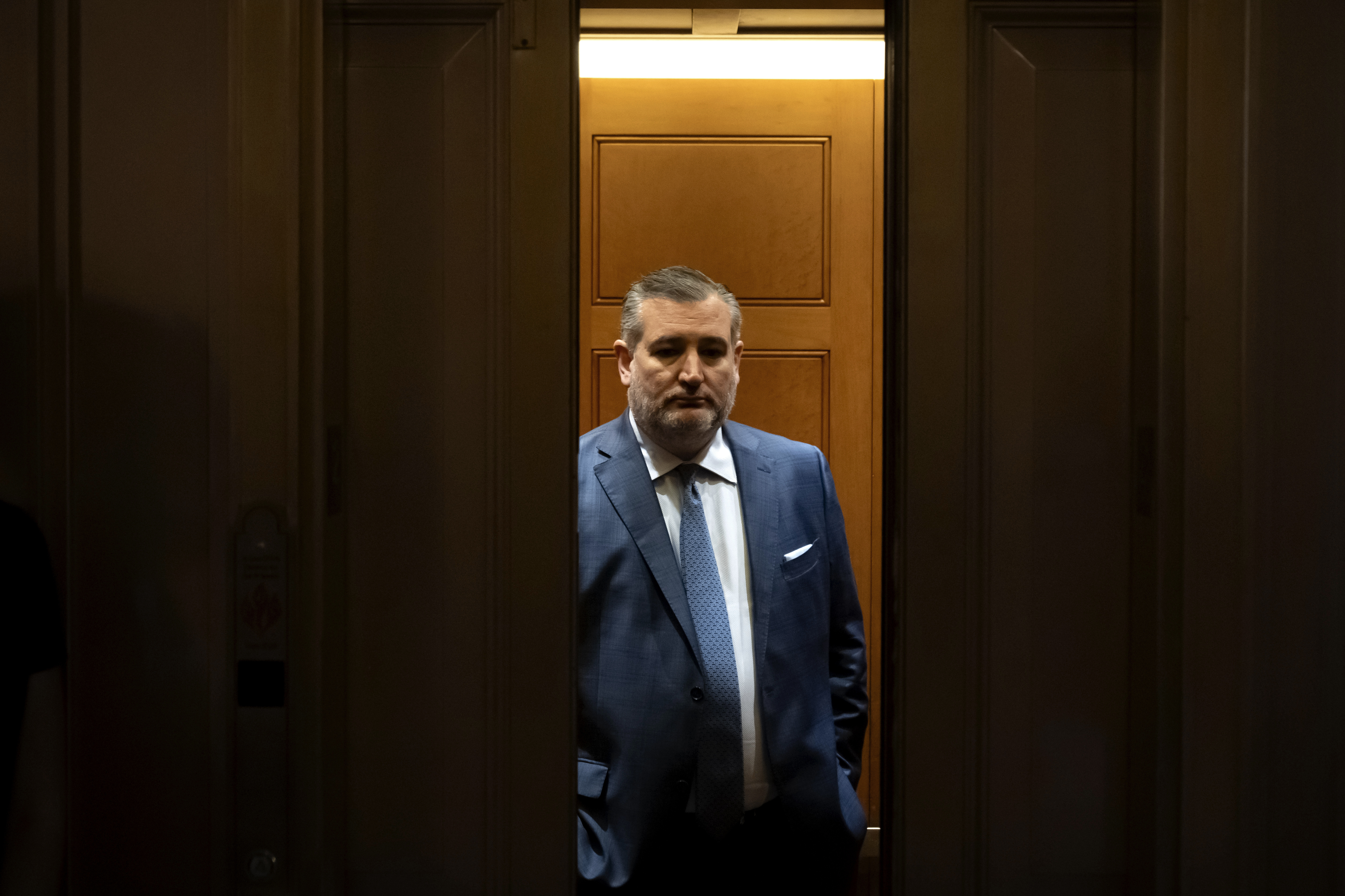 Sen. Ted Cruz, R-Texas, stands in an elevator as Republicans begin a final push to advance President Donald Trump's tax breaks and spending cuts package, at the Capitol in Washington, Monday, June 30, 2025. (AP Photo/Mark Schiefelbein)