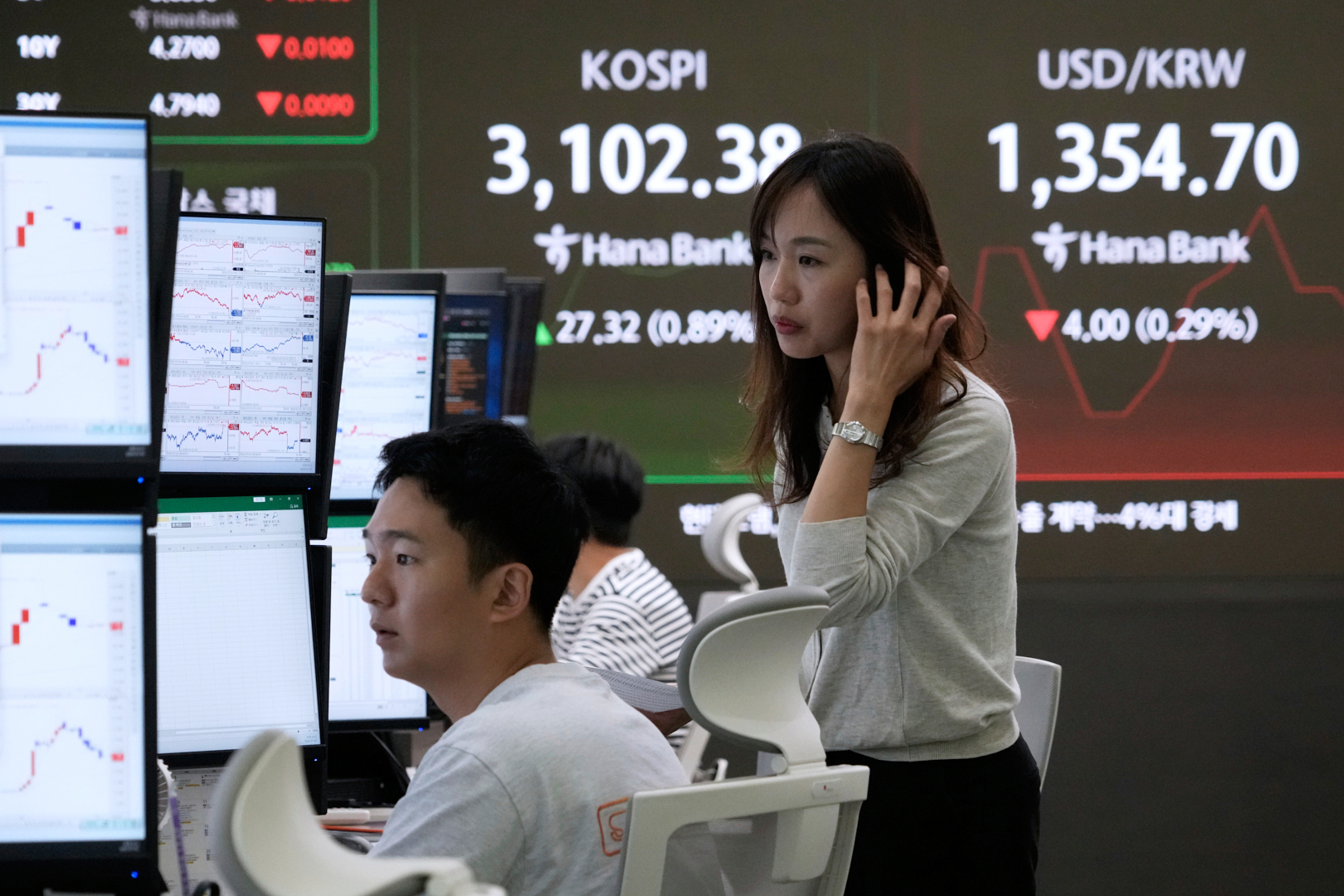Currency traders watch monitors near a screen showing the Korea Composite Stock Price Index (KOSPI) and the foreign exchange rate between U.S. dollar and South Korean won, top right, at the foreign exchange dealing room of the KEB Hana Bank headquarters in Seoul, South Korea, Thursday, July 3, 2025. (AP Photo/Ahn Young-joon)