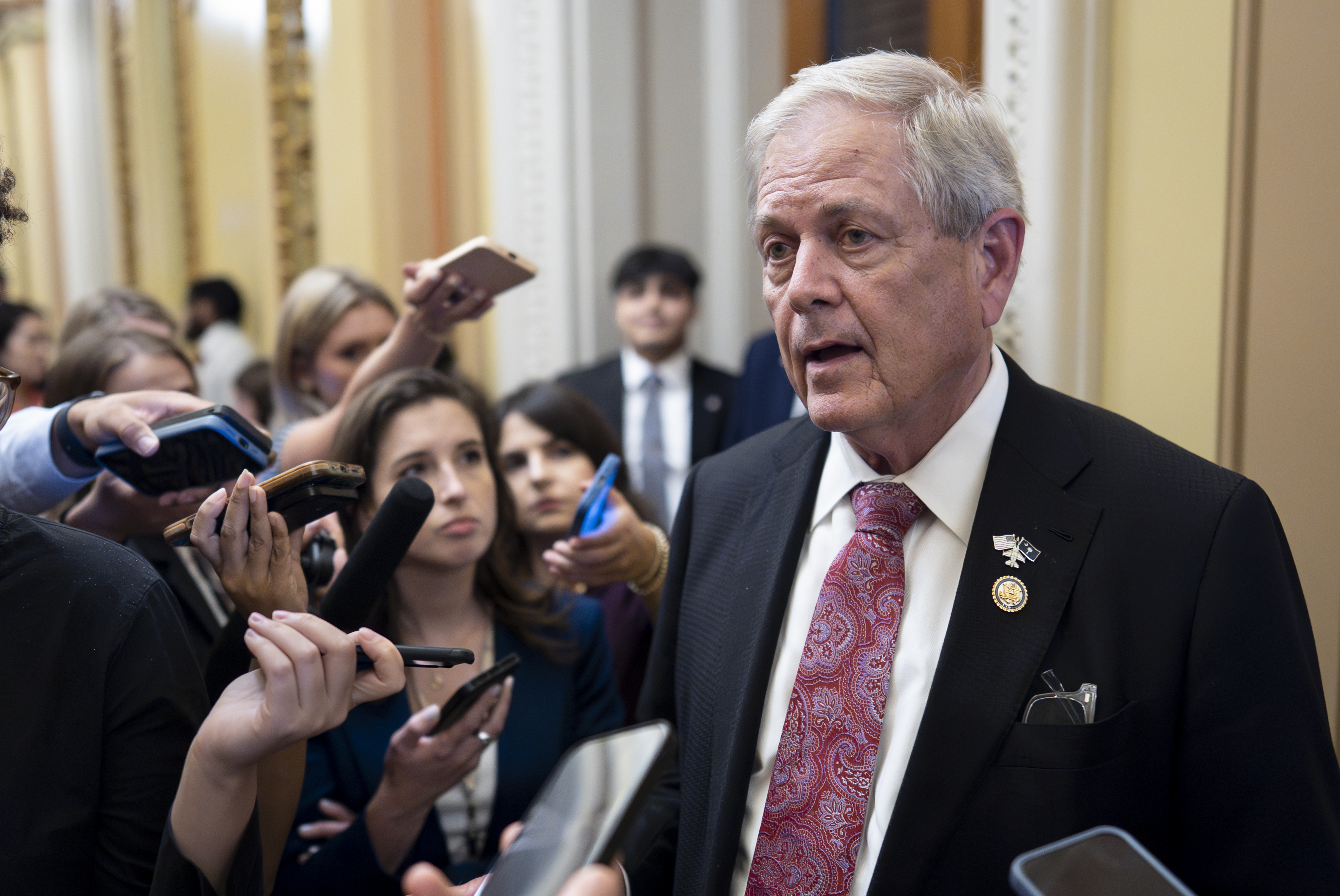 Rep. Ralph Norman, R-S.C., a member of the conservative House Freedom Caucus, speaks to reporters following his White House meeting as Republicans work to push President Donald Trump's signature bill of tax breaks and spending cuts across the finish line even as conservative and moderate GOP holdouts slow that effort, at the Capitol in Washington, Wednesday, July 2, 2025. (AP Photo/J. Scott Applewhite)