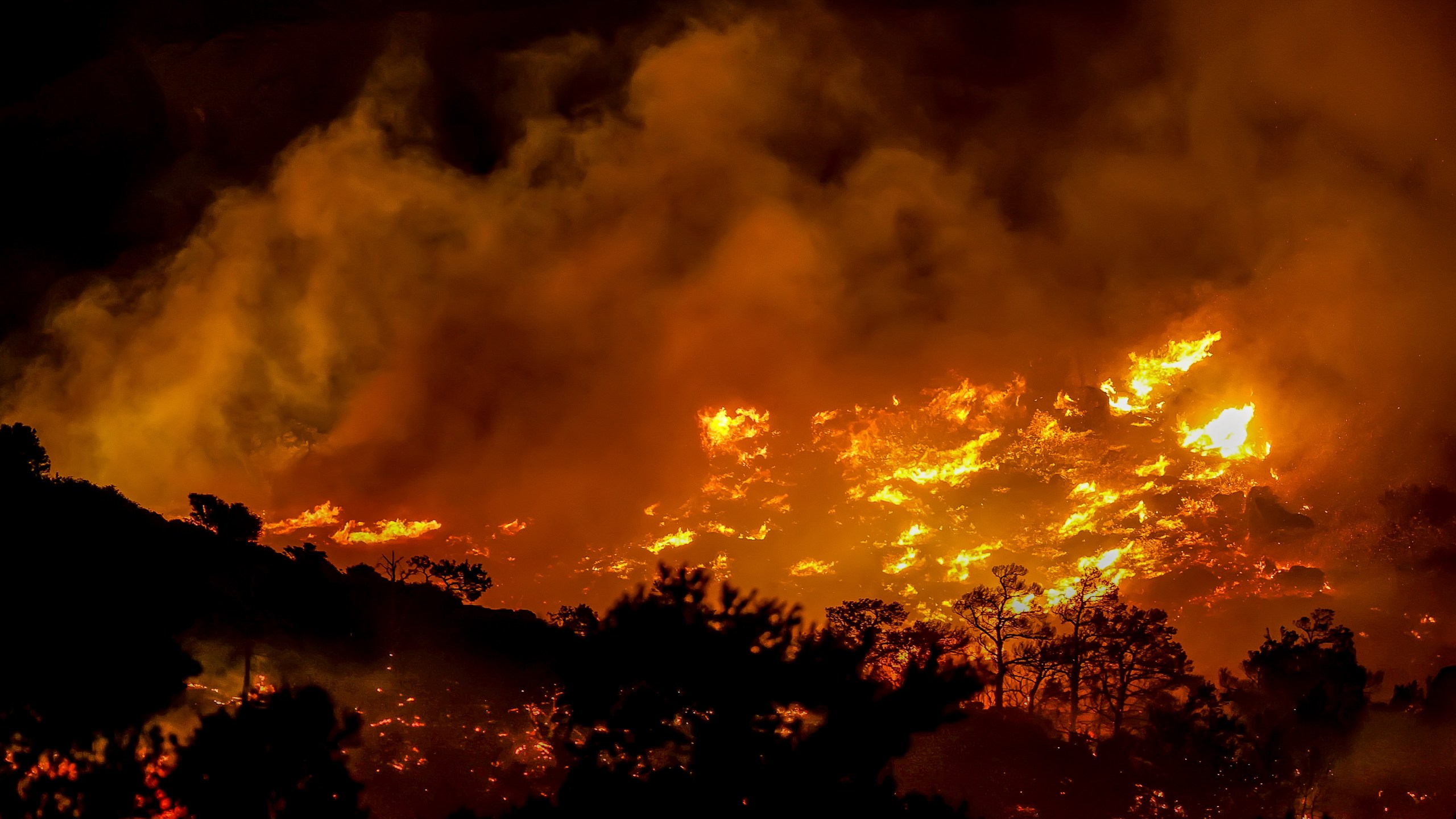 Fire burns in the Ahlia area near the port town of Ierapetra on the south coast of Crete island, Greece, late Wednesday, July 2, 2025, prompting the evacuation of villages and hotels in the region, authorities said. (InTime News via AP)