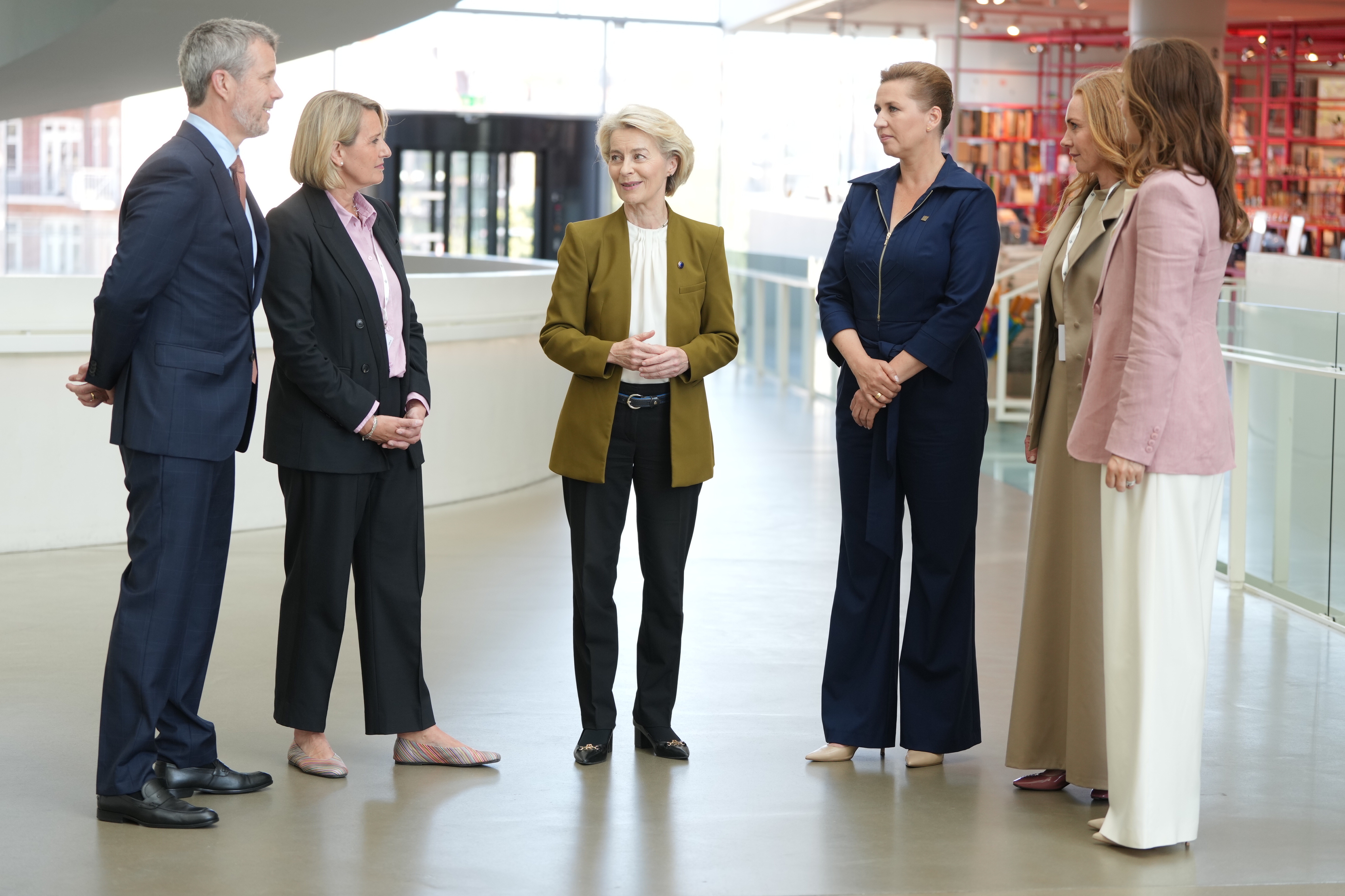 From left, Denmark's King Frederik, museum director Rebecca Matthew, European Commission President Ursula von der Leyen, Denmark's Prime Minister Mette Frederiksen and Denmark's Queen Mary speak, during the official opening of Denmark's EU presidency in Aarhus, Denmark, Thursday July 3, 2025. (Liselotte Sabroe/Ritzau Scanpix via AP)