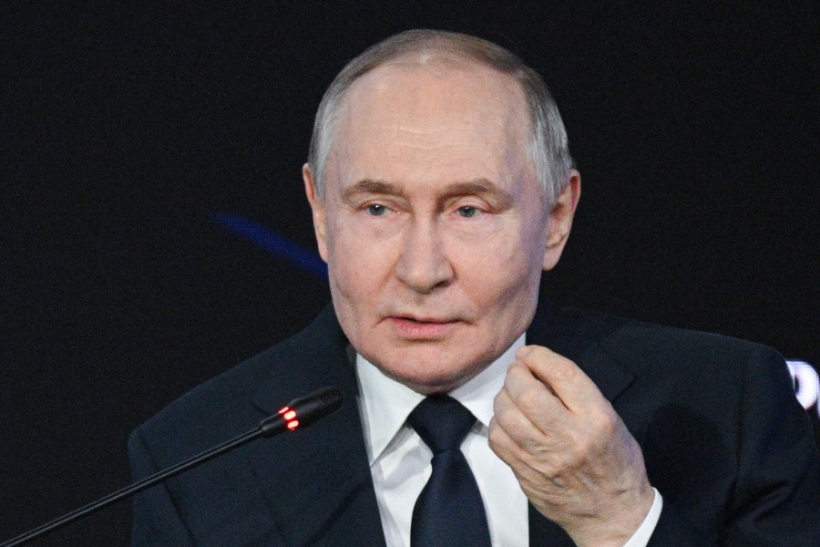Russian President Vladimir Putin speaks during a plenary session of the 5th annual forum Strong Ideas for a New Time hosted by the autonomous non-profit organisation Agency for Strategic Initiatives to Promote New Projects (ASI) in Moscow, Russia, Thursday, July 3, 2025. (Ramil Sitdikov, Sputnik, Kremlin Pool Photo via AP)