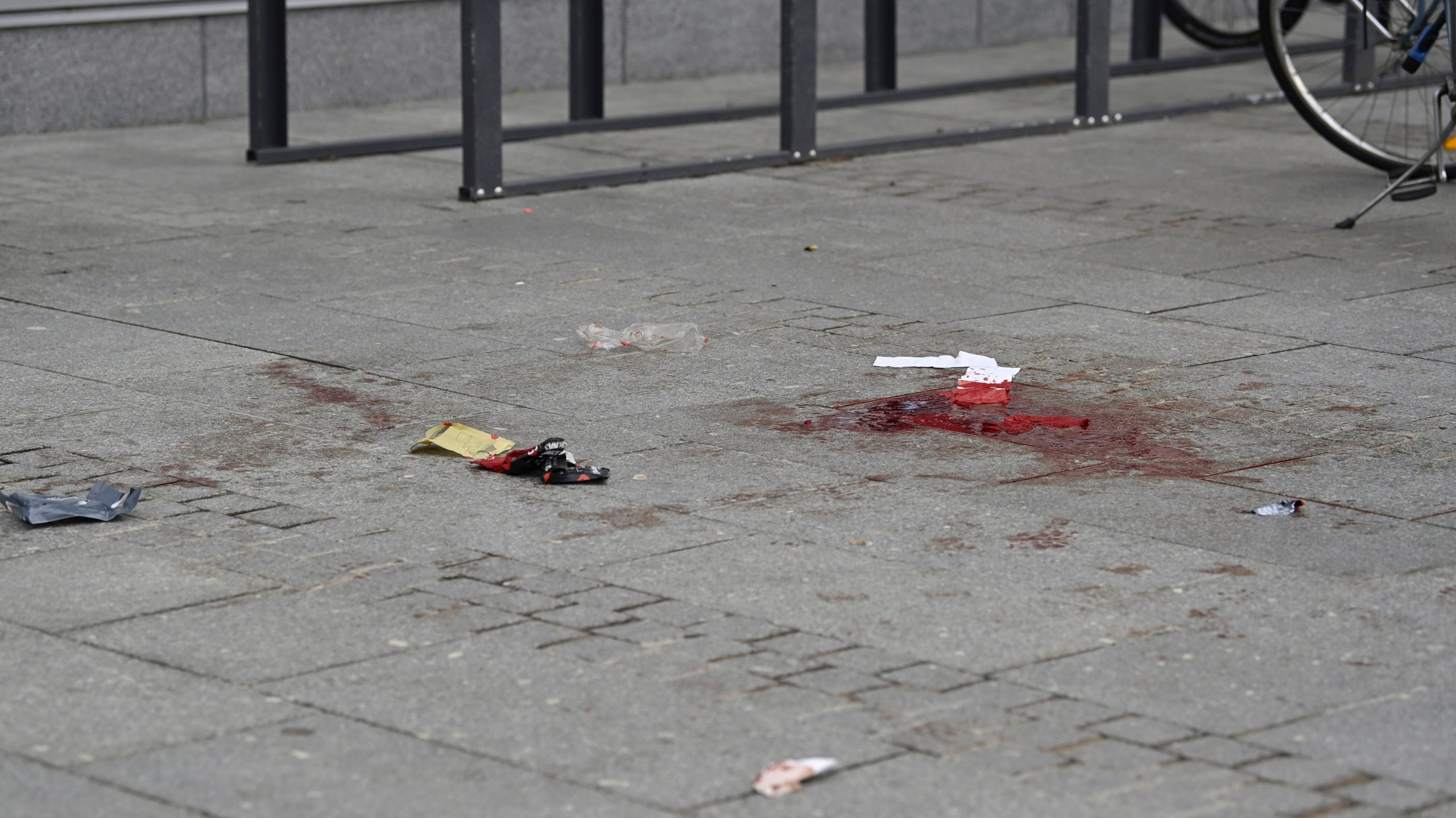 Bloodstains are seen outside the Ratina shopping centre in Tampere, Finland, Thursday July 3, 2025, after several people were stabbed. (Saara Peltola/Lehtikuva via AP)