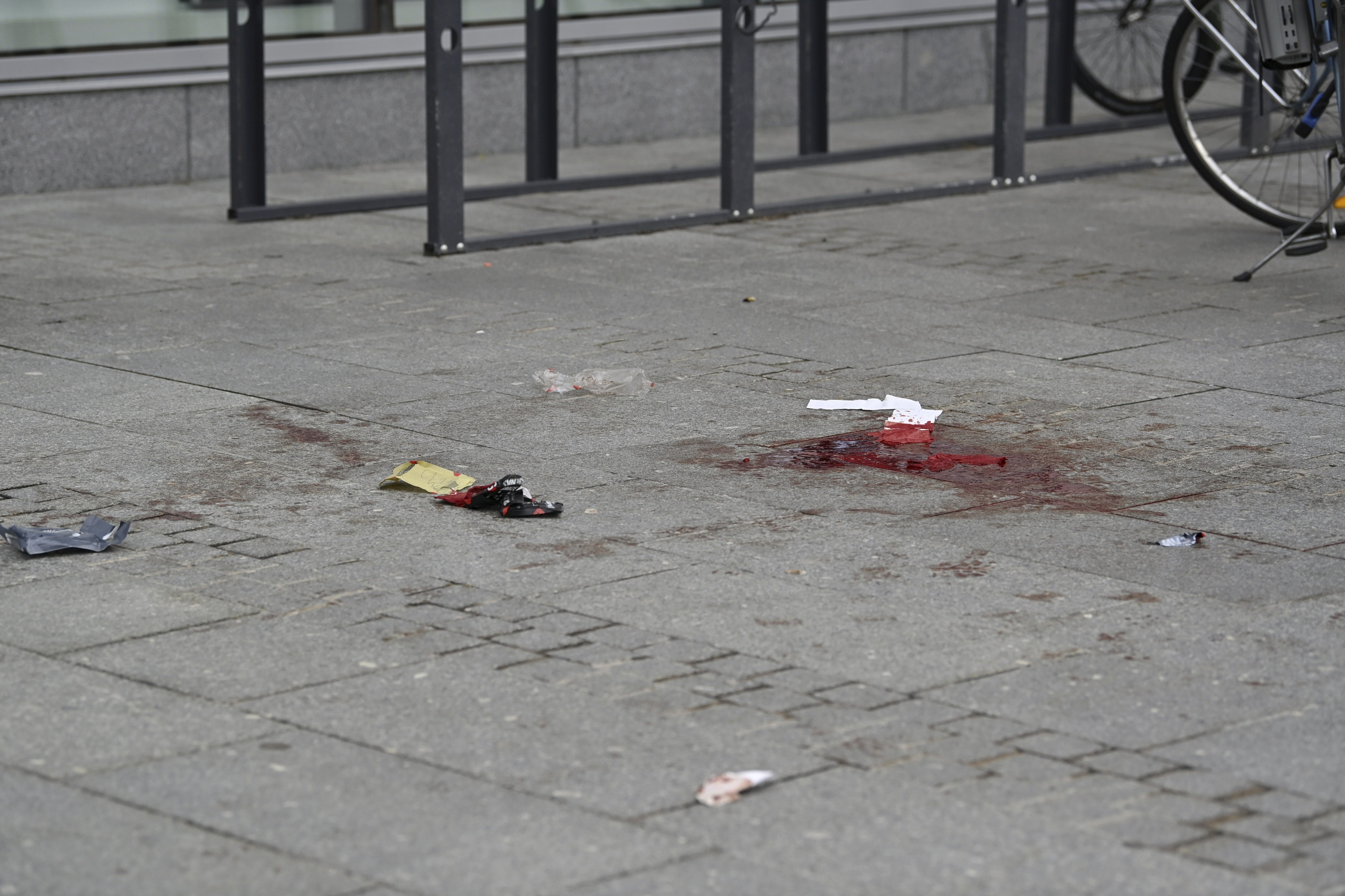 Bloodstains are seen outside the Ratina shopping centre in Tampere, Finland, Thursday July 3, 2025, after several people were stabbed. (Saara Peltola/Lehtikuva via AP)