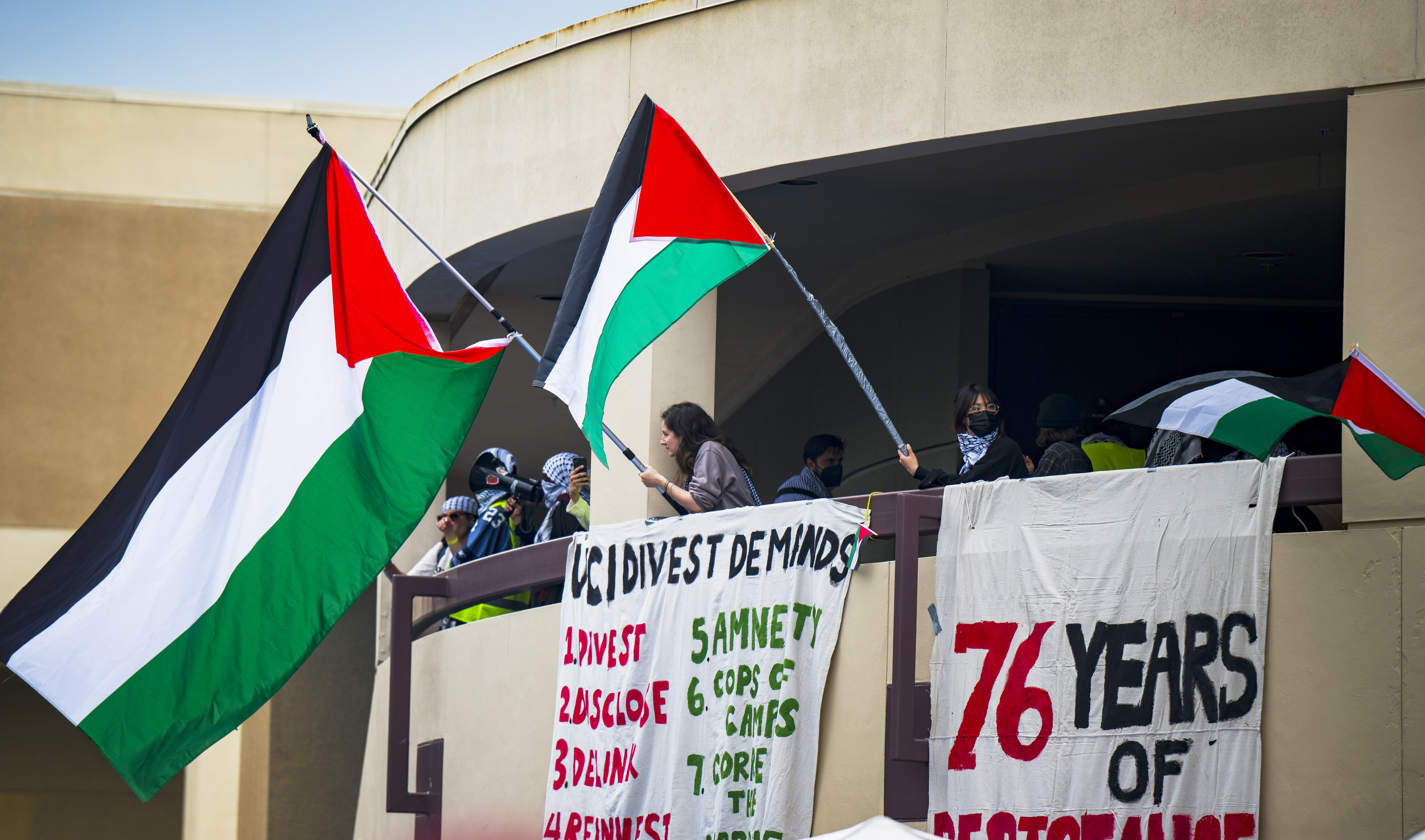 FILE - Pro-Palestinian protesters wave flags from the second level of the Physical Sciences Lecture Hall after they took over the building at the University of California, Irvine, May 15, 2024, in Irvine, Calif. (Leonard Ortiz/The Orange County Register via AP, File)