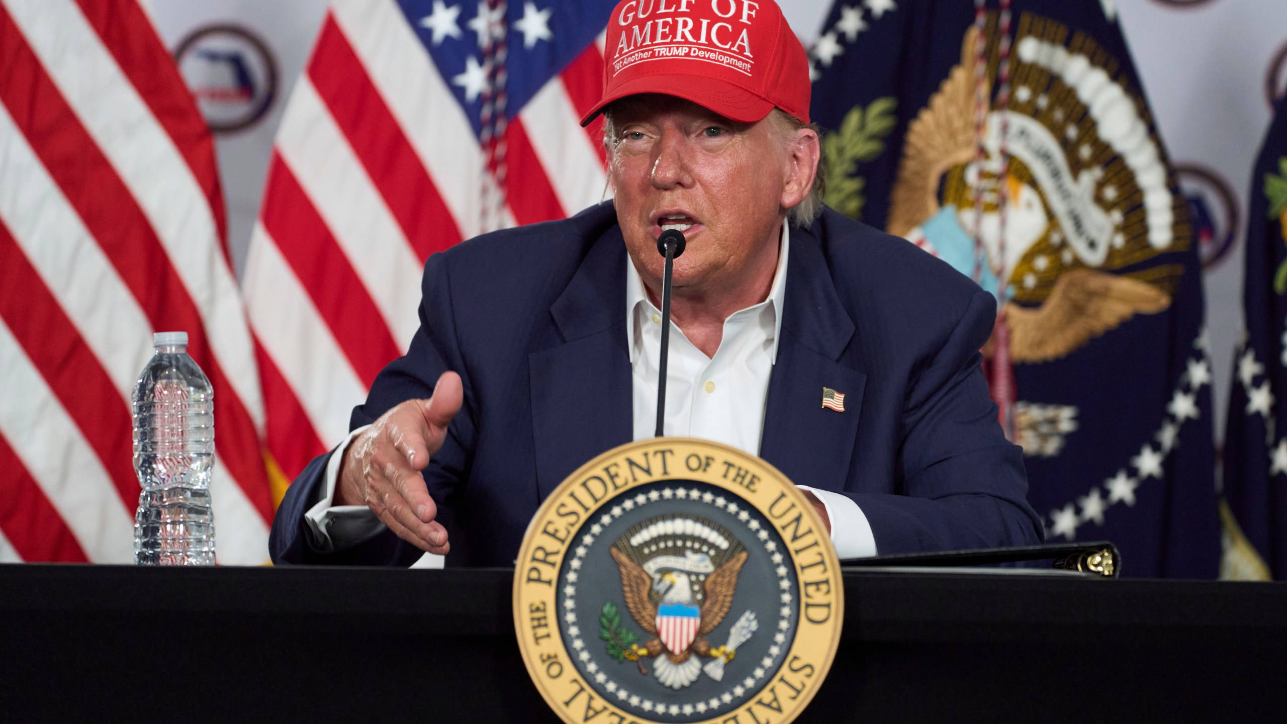 President Donald Trump speaks during a roundtable at "Alligator Alcatraz," a new migrant detention facility at Dade-Collier Training and Transition facility, Tuesday, July 1, 2025, in Ochopee, Fla. (AP Photo/Evan Vucci)