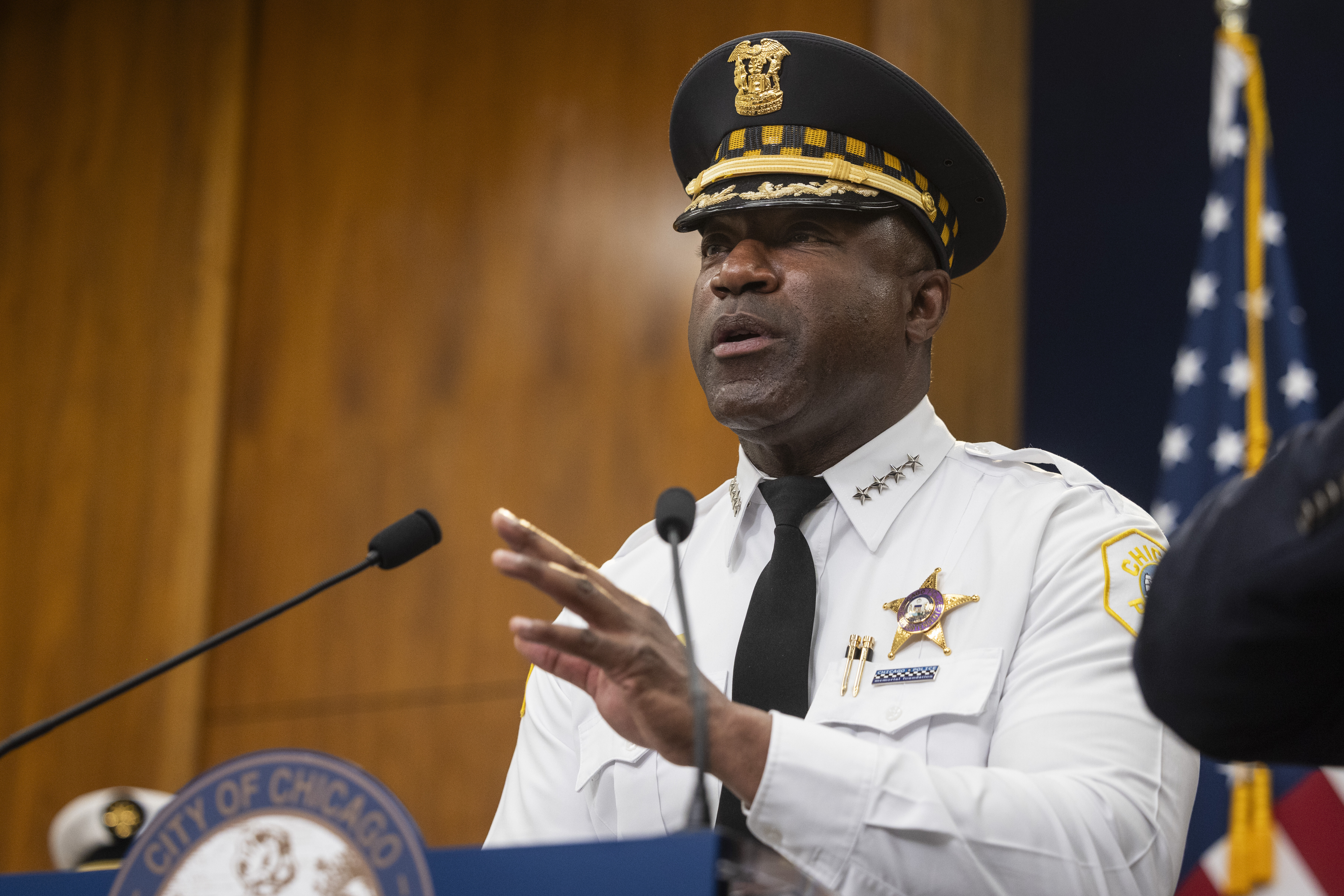 Chicago Police Supt. Larry Snelling responds to an overnight shooting during a news conference at City Hall in the Loop, Thursday, July 3, 2025. (Ashlee Rezin /Chicago Sun-Times via AP)