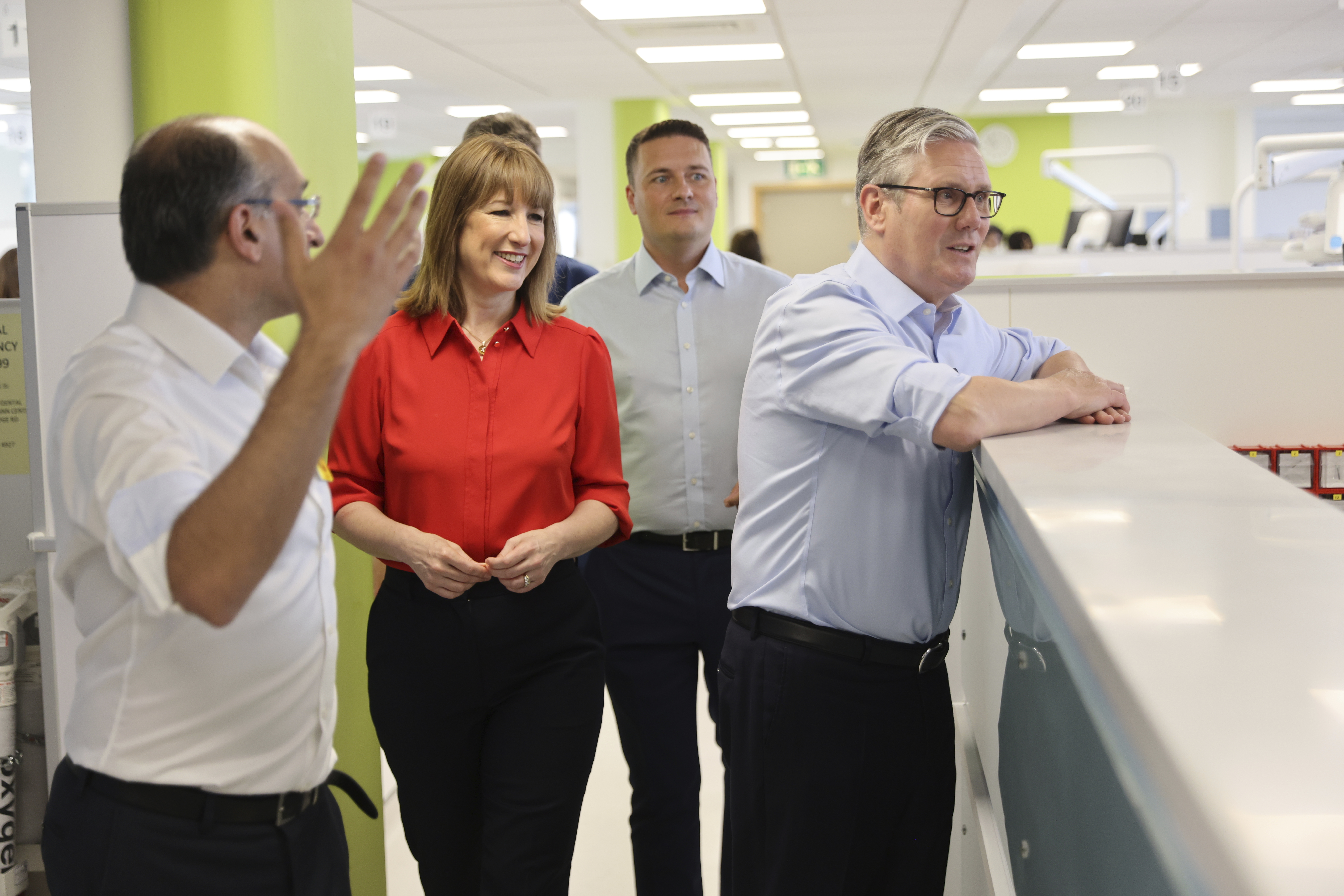 Britain's Prime Minister Keir Starmer, right, Chancellor Rachel Reeves and Health Secretary Wes Streeting during a visit to the Sir Ludwig Guttman Health & Wellbeing Centre in east London, Thursday, July 3, 2025. (Jack Hill/Pool Photo via AP)