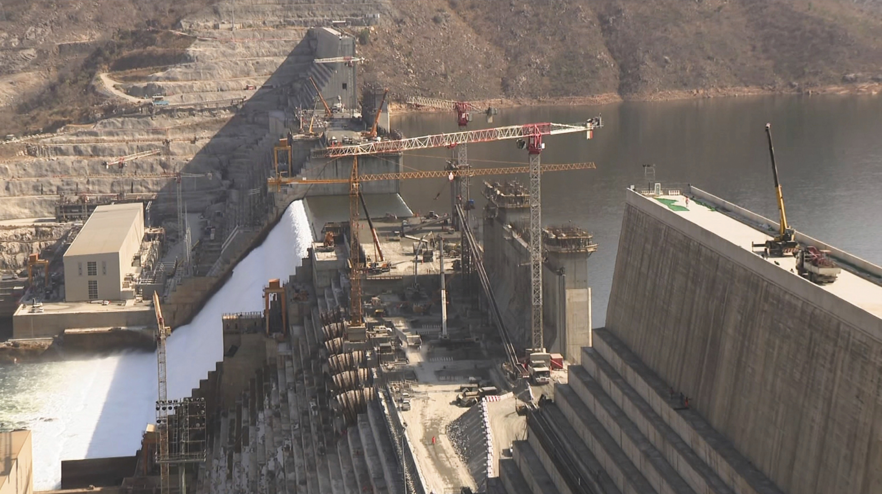 This grab taken from video shows Grand Ethiopian Renaissance Dam in the Benishangul-Gumuz region, Ethiopia, Feb. 20, 2022. (AP Photo)