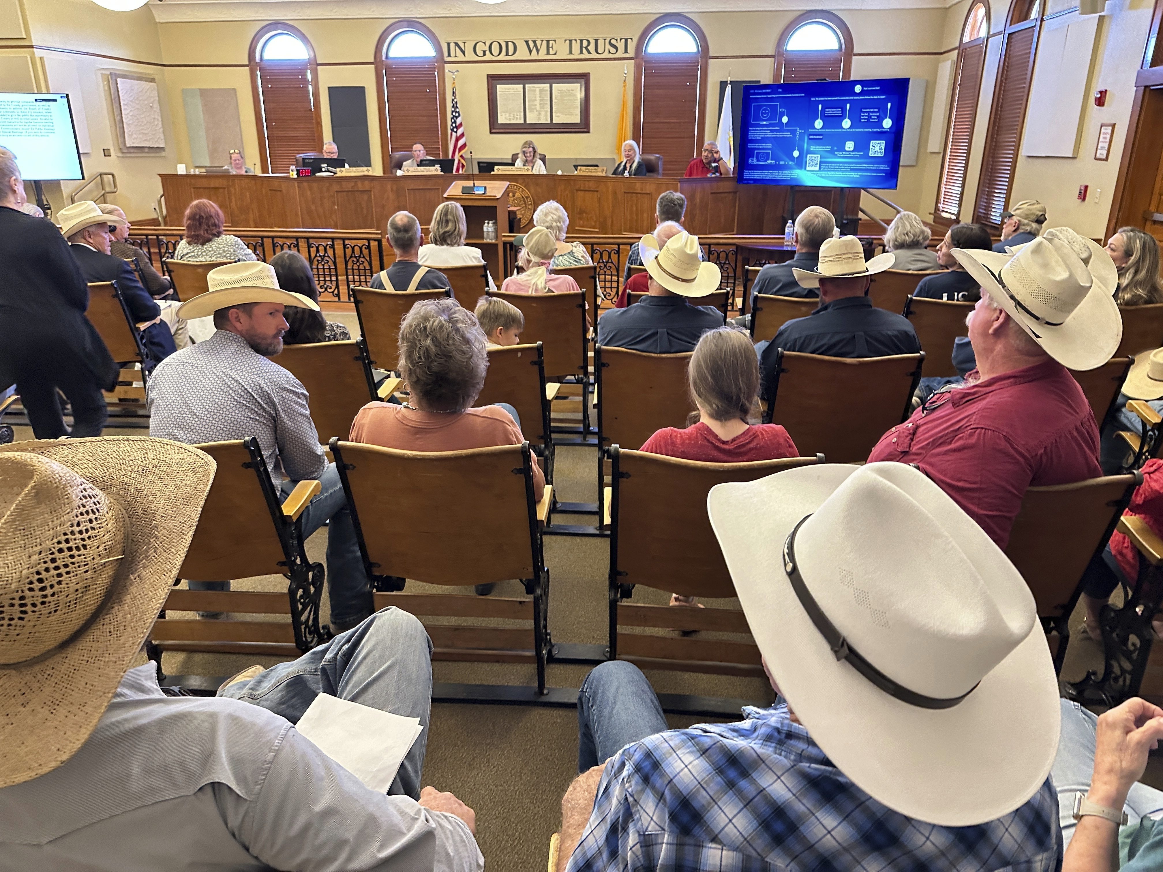 Tensions run high over management of federal public lands and wildlife at a Luna County Commission meeting in Deming, N.M., on June 12, 2025. (AP Photo/Morgan Lee)